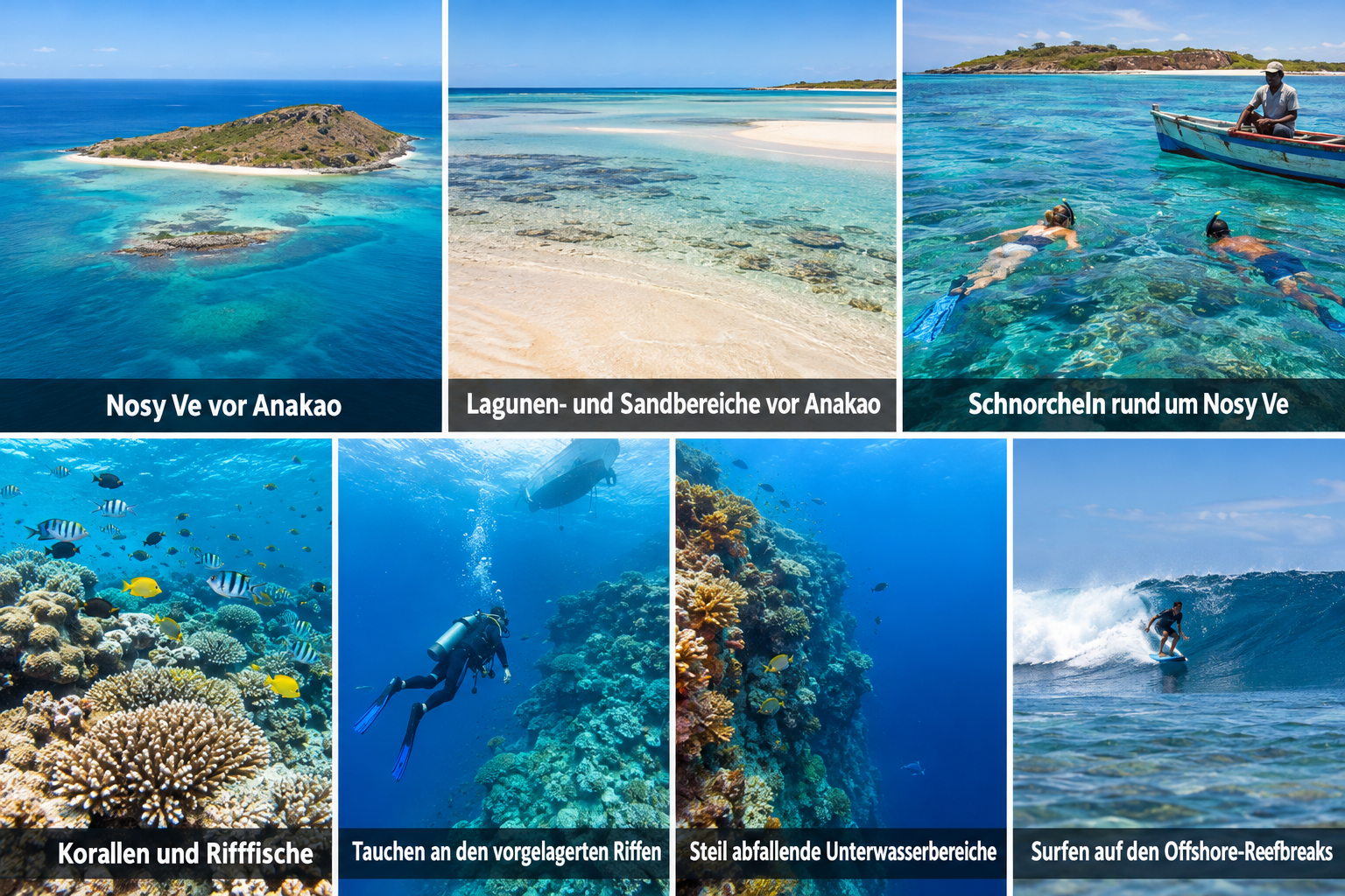 Bildcollage: Riffe, Schnorcheln und Wassersport in Anakao