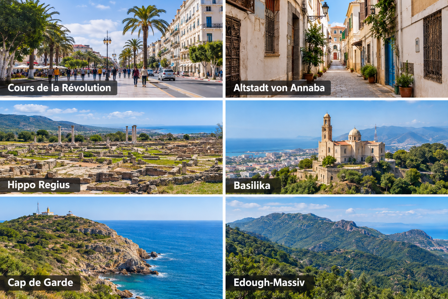 Bildcollage: Unterkünfte und geeignete Stadtlagen in Annaba