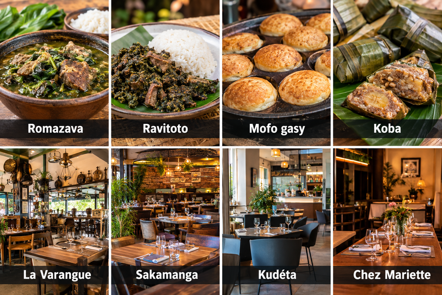 Bildcollage: Madagassisch essen: Spezialitäten und Restaurants in Antananarivo