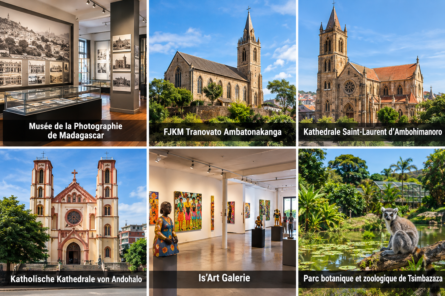 Bildcollage: Museen, Kirchen und Gegenwartskultur in Antananarivo