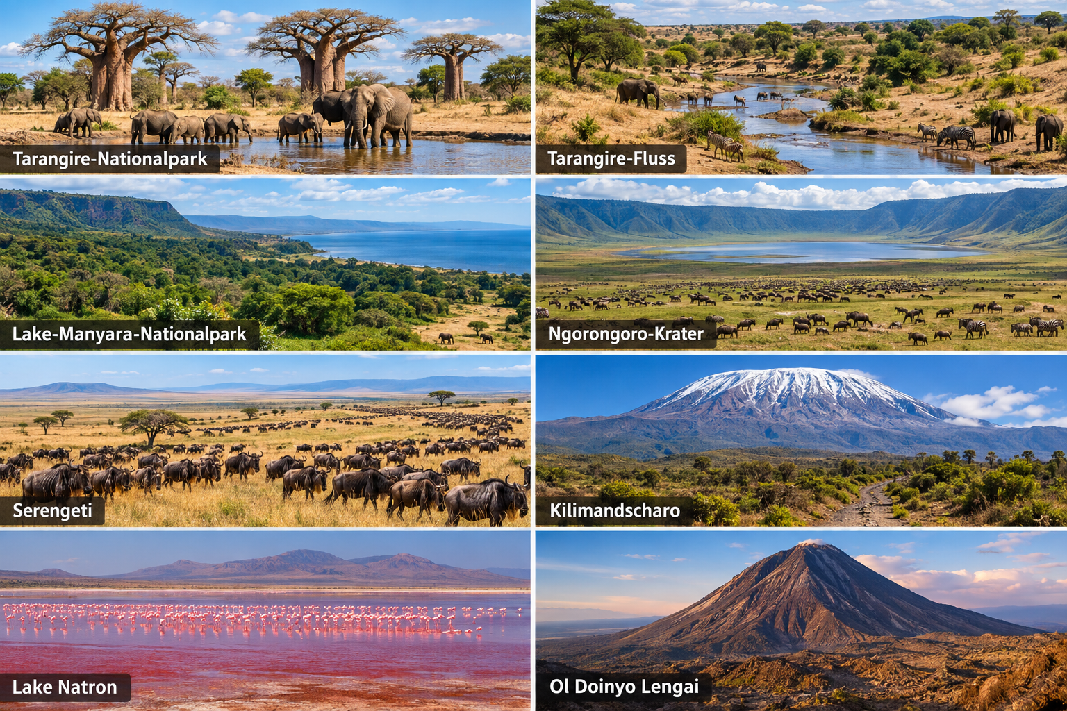 Bildcollage: Safarirouten ab Arusha