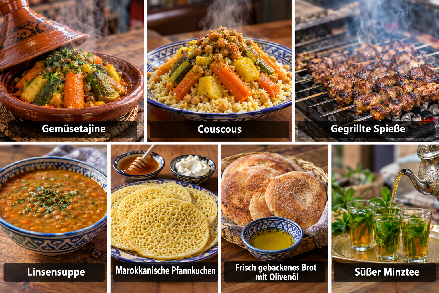 Bildcollage: Essen und regionale Spezialitäten in Azrou