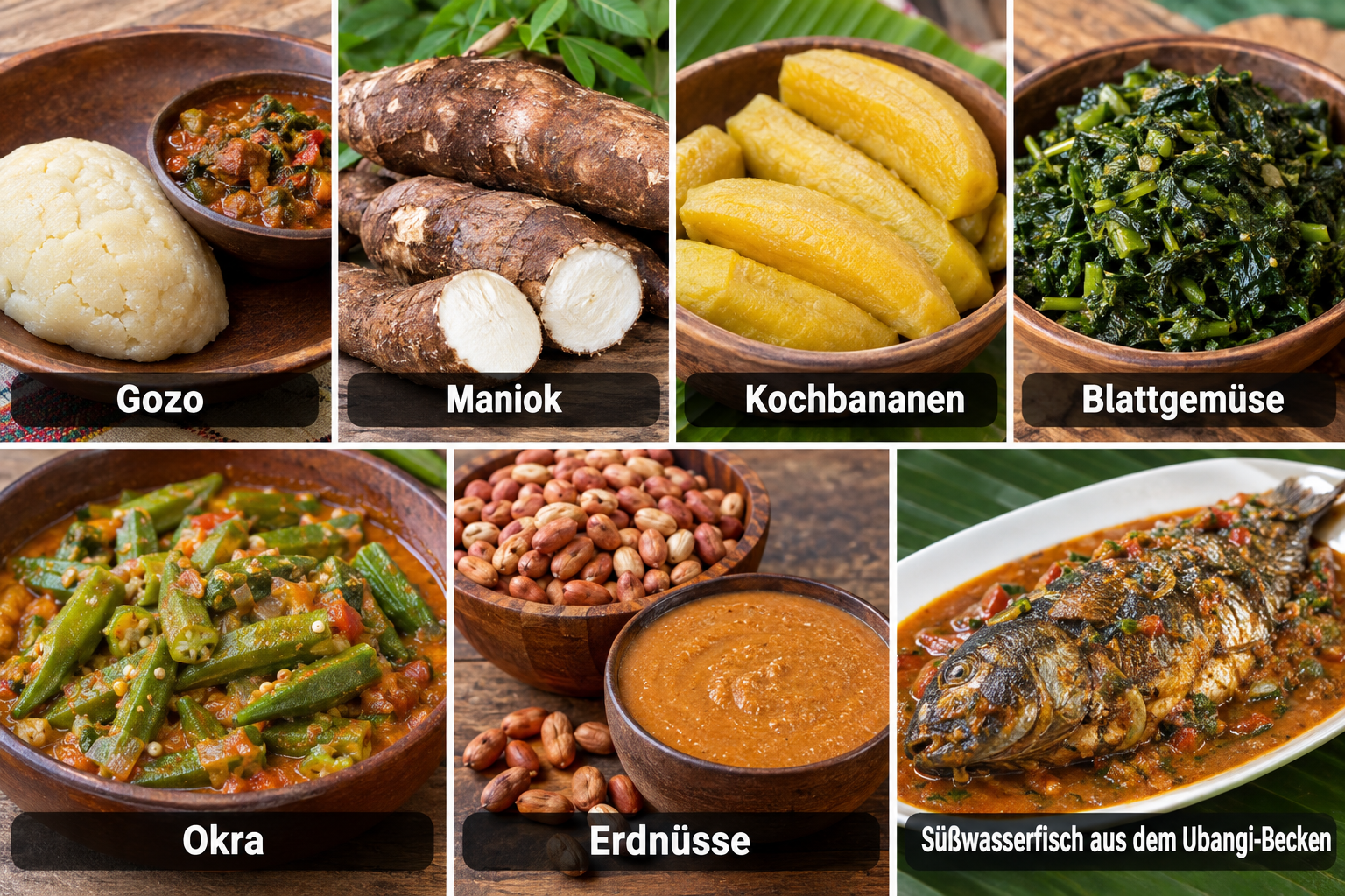 Bildcollage: Essen und Spezialitäten in Bangui