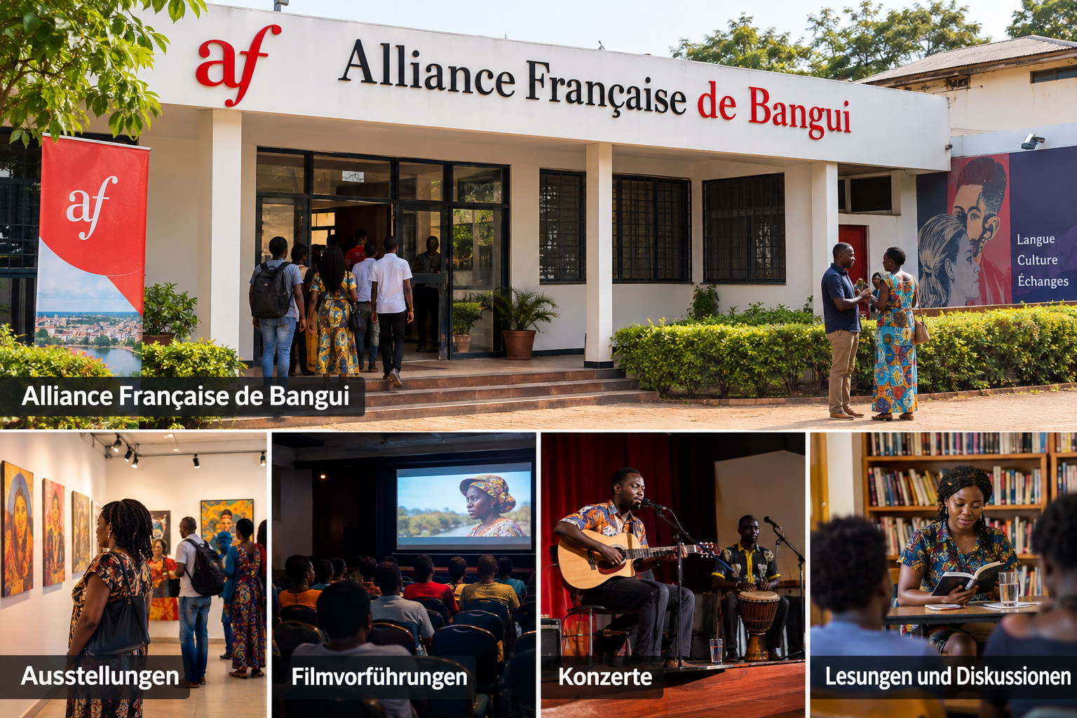 Bildcollage: Kultur, Veranstaltungen und Alltag in Bangui