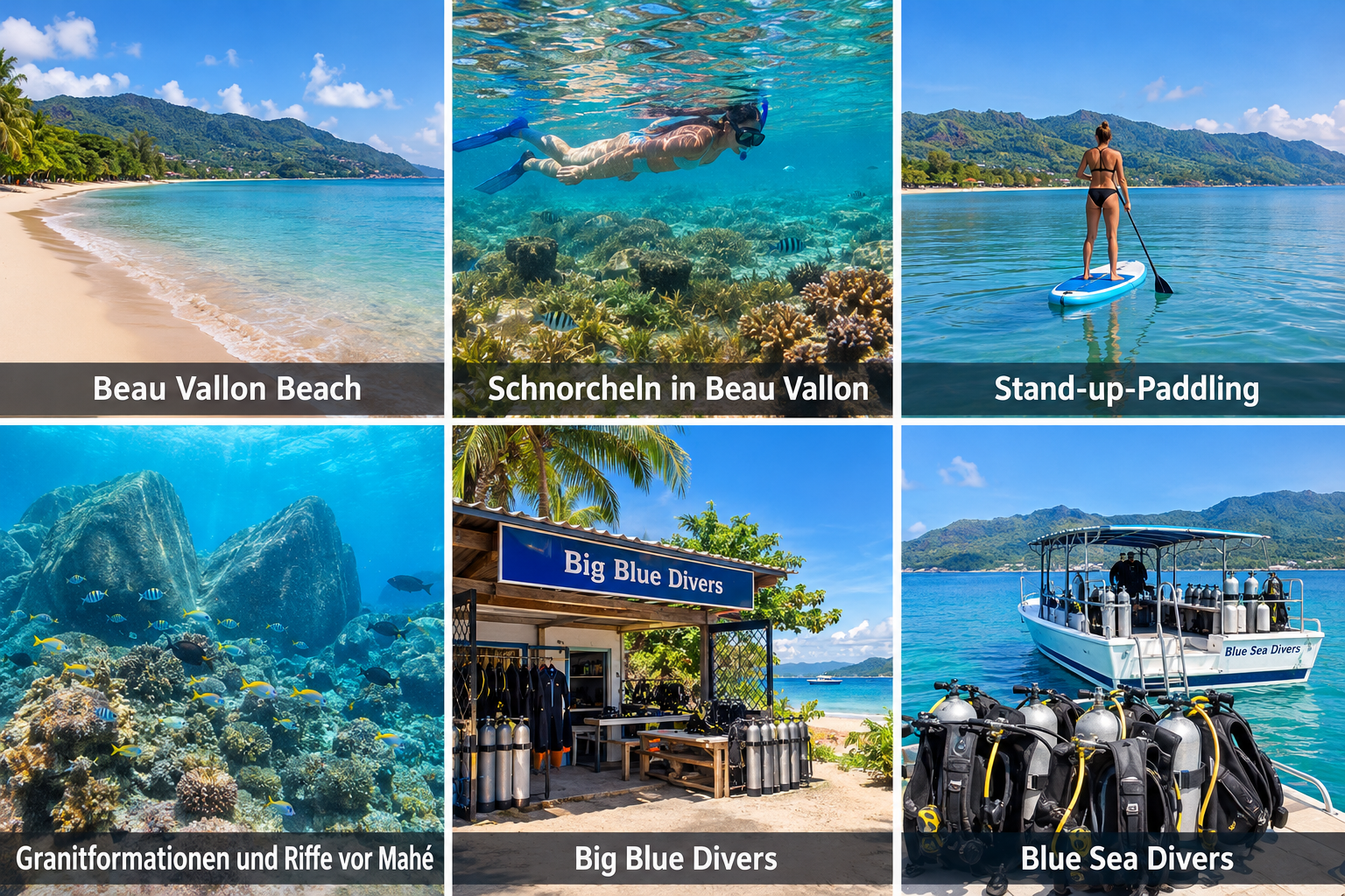 Bildcollage: Baden, Schnorcheln, Tauchen und Wassersport in Beau Vallon