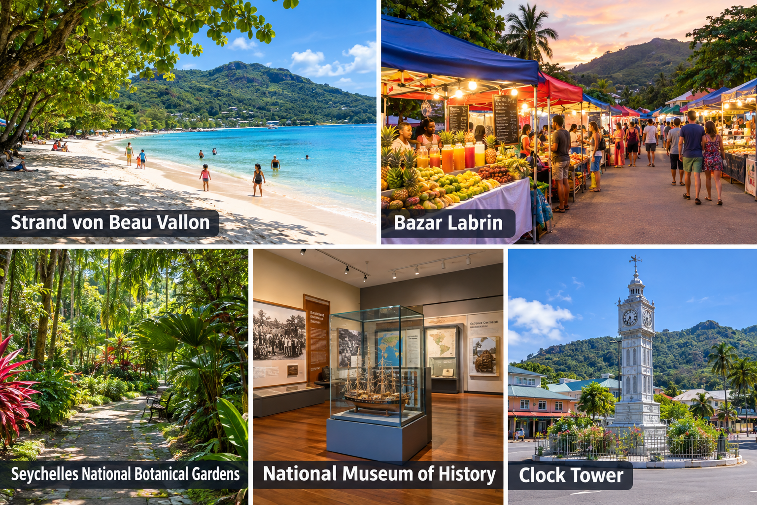 Bildcollage: Beau Vallon mit Kindern: Strand und Ausflüge für Familien
