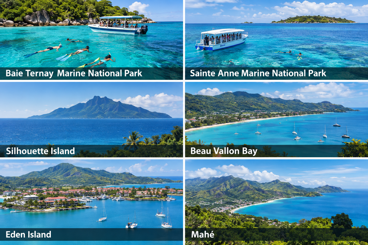 Bildcollage: Bootsausflüge und Meeresschutzgebiete in Beau Vallon
