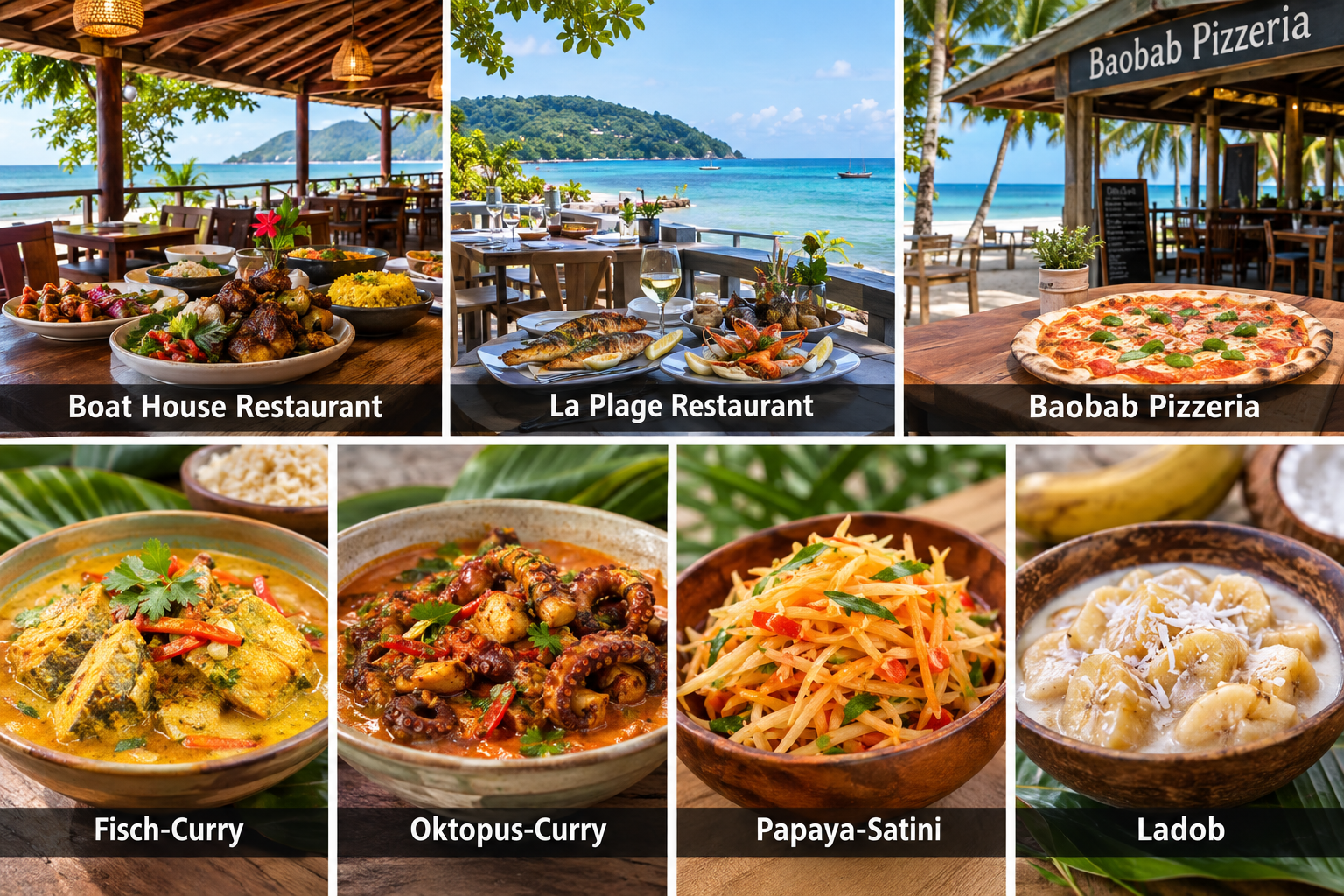 Bildcollage: Kreolische Küche und Restaurants in Beau Vallon