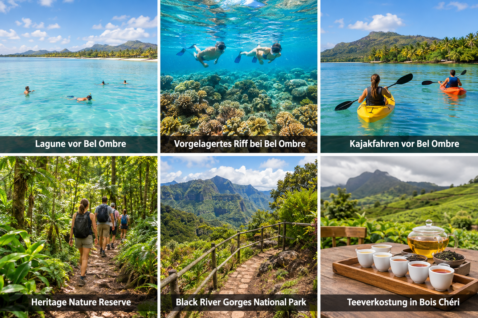 Bildcollage: Aktivitäten am Meer und in der Natur in Bel Ombre