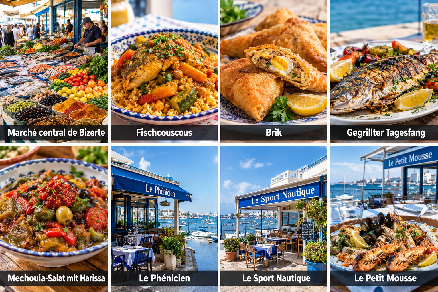 Bildcollage: Essen, Märkte und Einkaufen in Bizerte