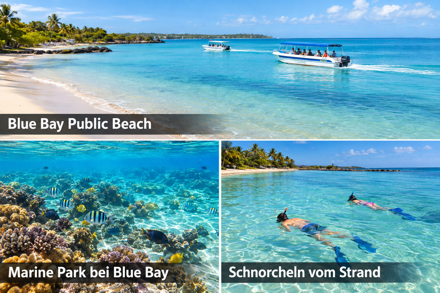 Bildcollage: Schnorcheln und Bootsfahrten in Blue Bay