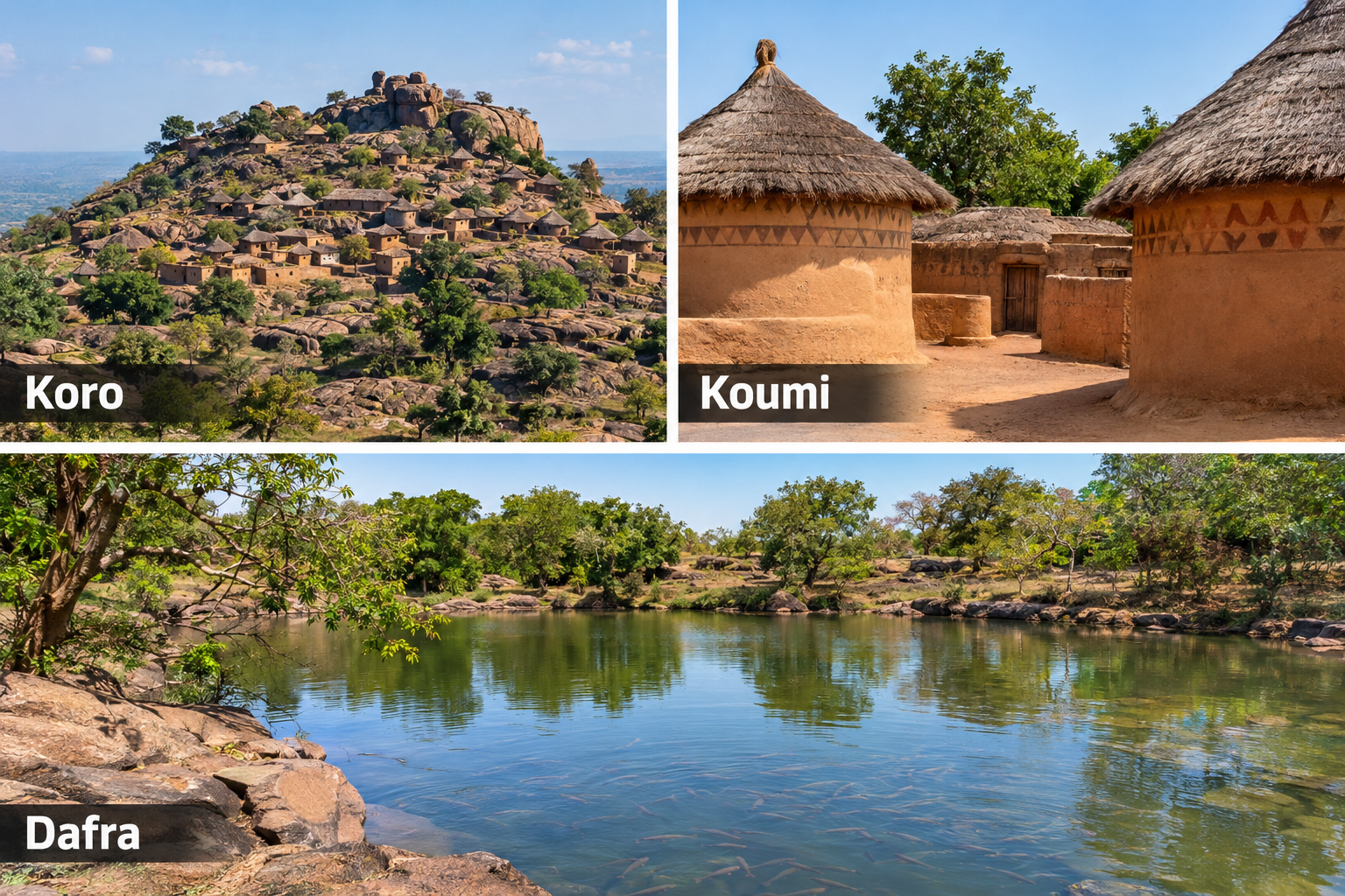 Bildcollage: Koro, Koumi und Dafra im Stadtumland in Bobo-Dioulasso