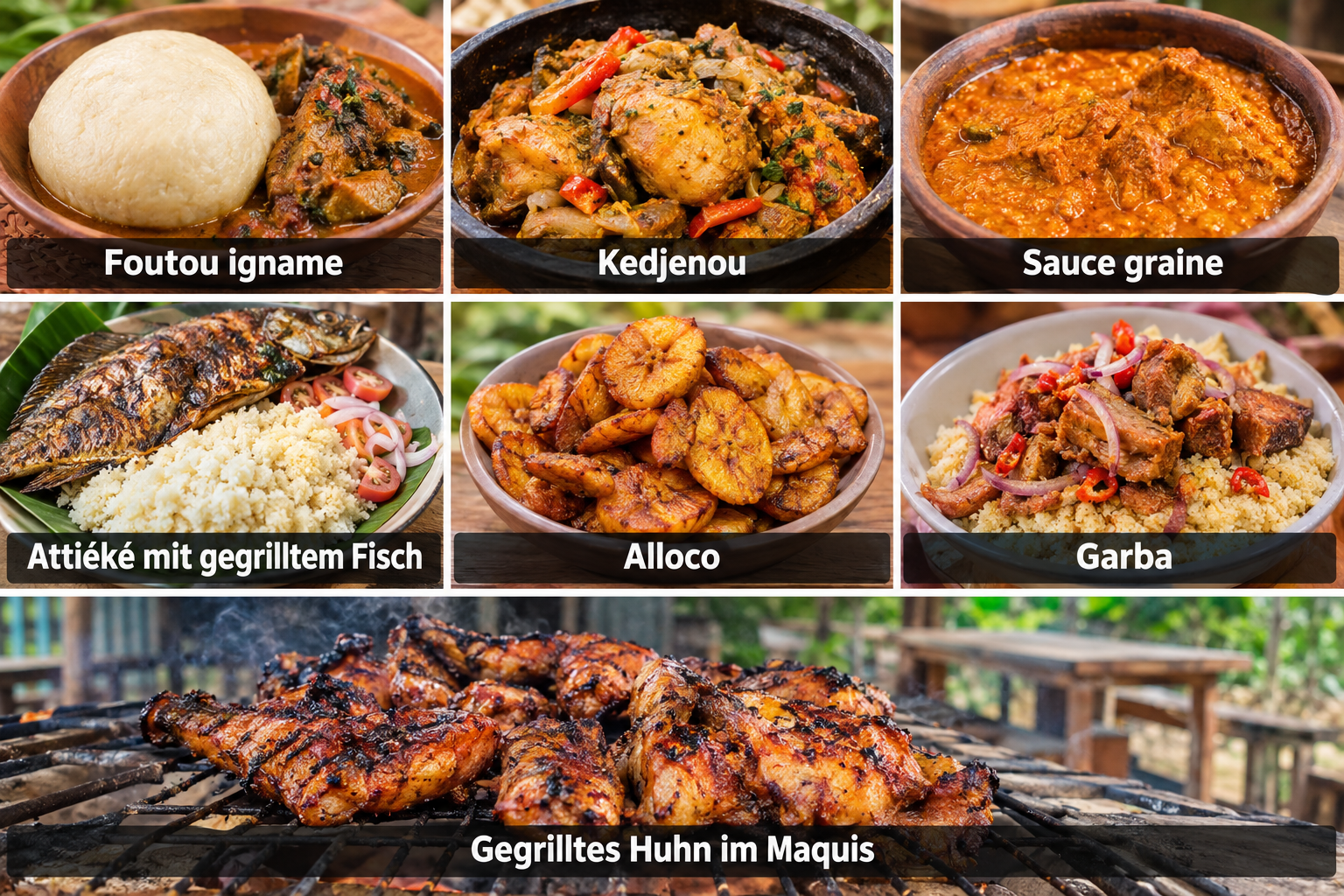 Bildcollage: Essen und Spezialitäten in Bouaké