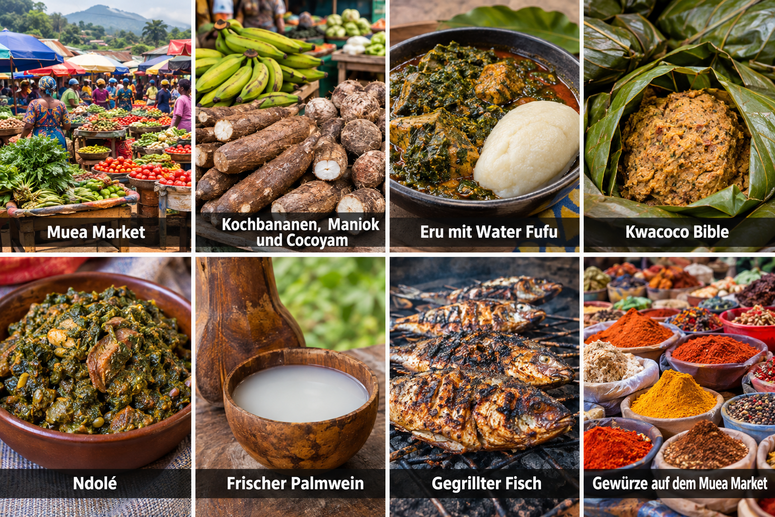 Bildcollage: Märkte, Essen und Alltag in Buea