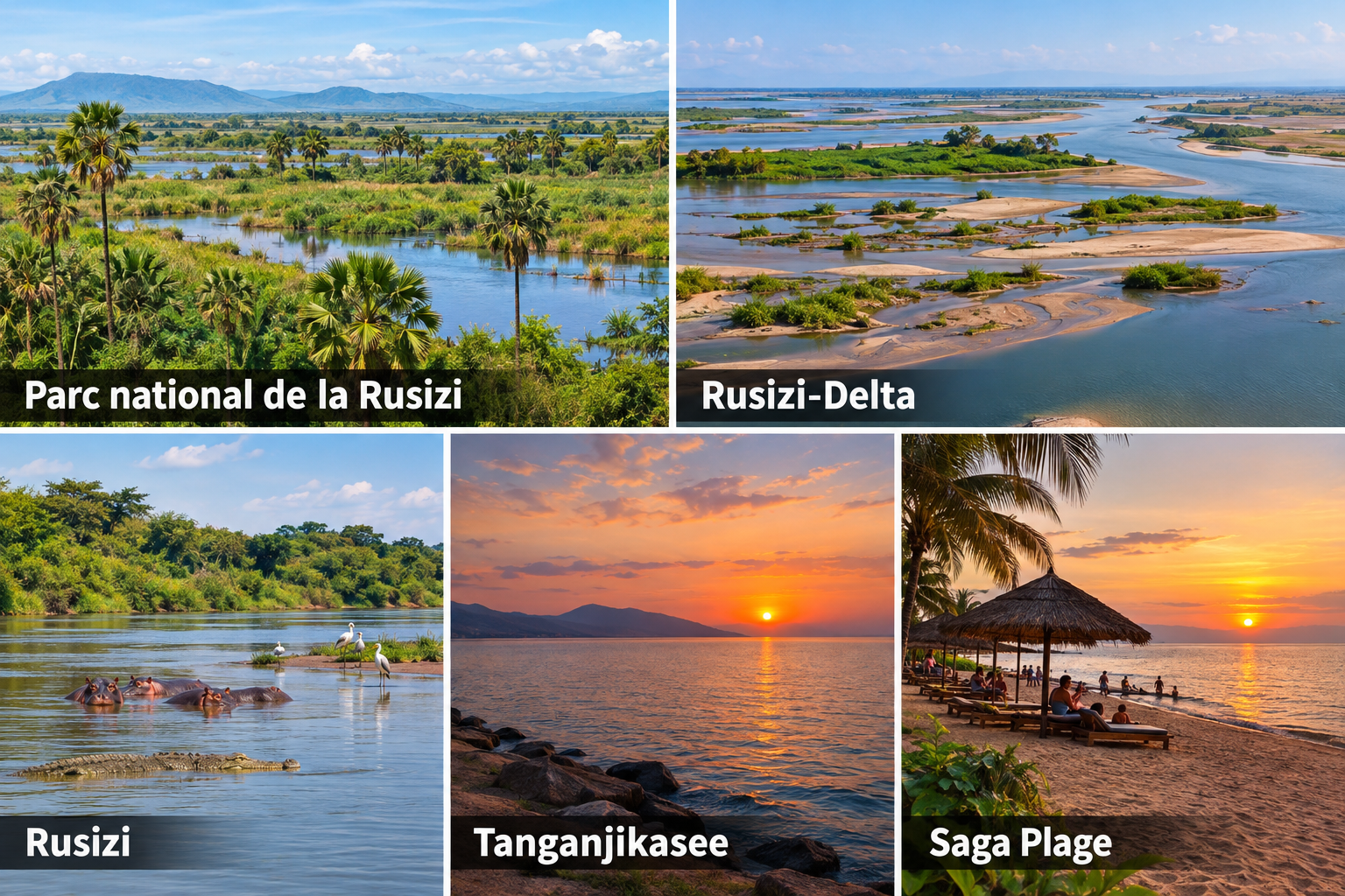 Bildcollage: Naturerlebnisse am See und an der Rusizi in Bujumbura