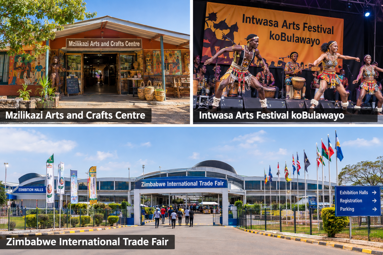 Bildcollage: Kultur, Stadtviertel und Veranstaltungen in Bulawayo