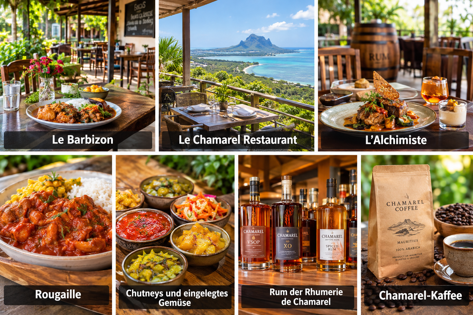 Bildcollage: Essen und Trinken in Chamarel