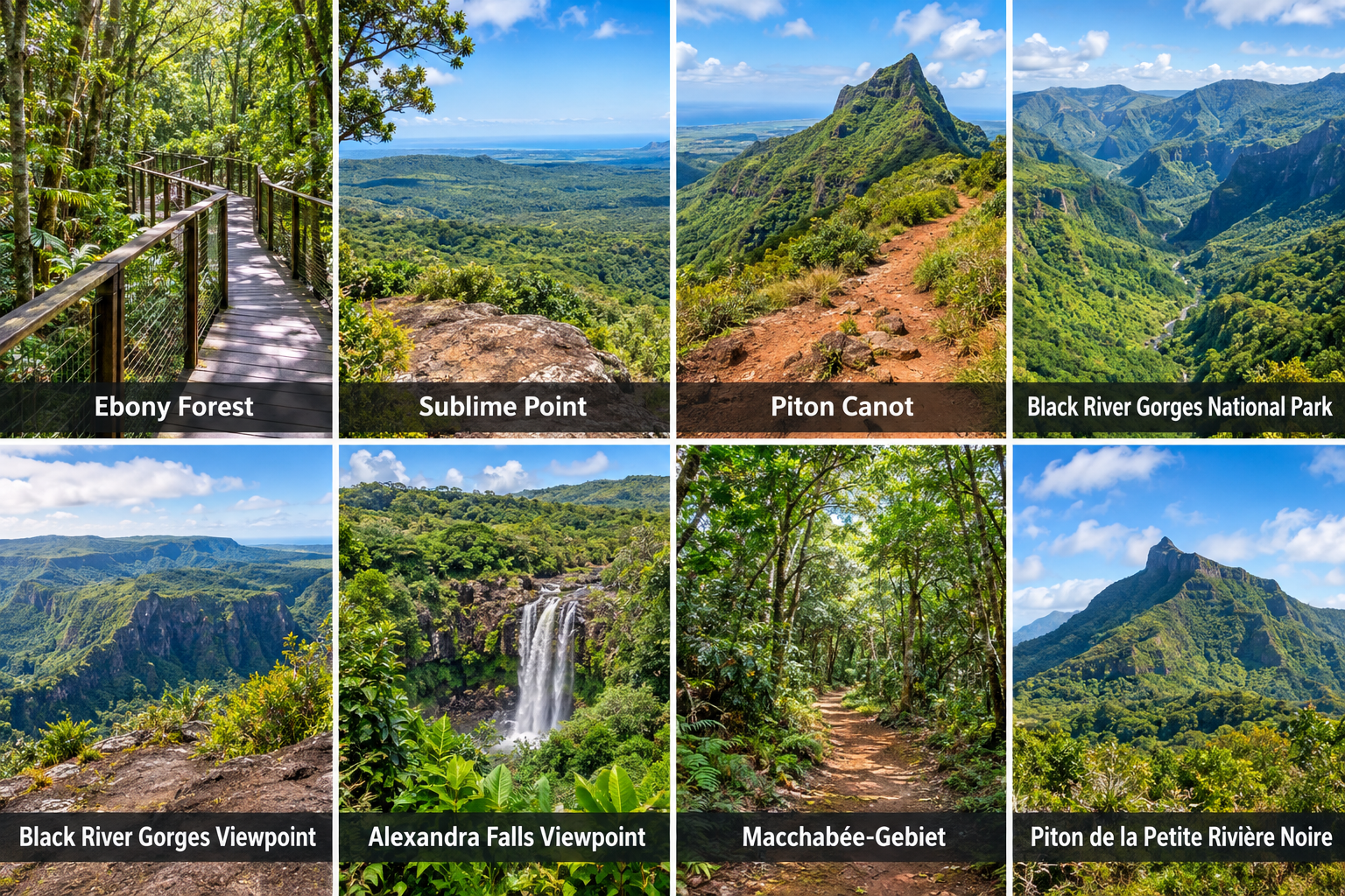 Bildcollage: Wandern und Naturerlebnisse rund um Chamarel