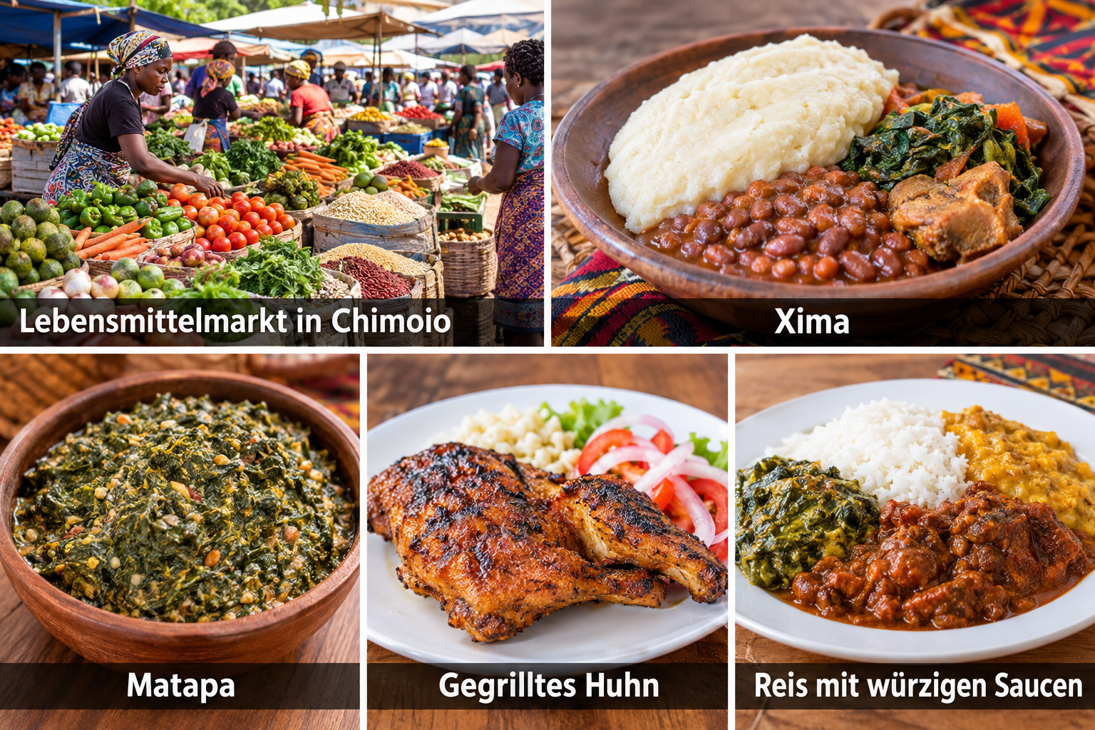 Bildcollage: Märkte, Essen und urbaner Alltag in Chimoio