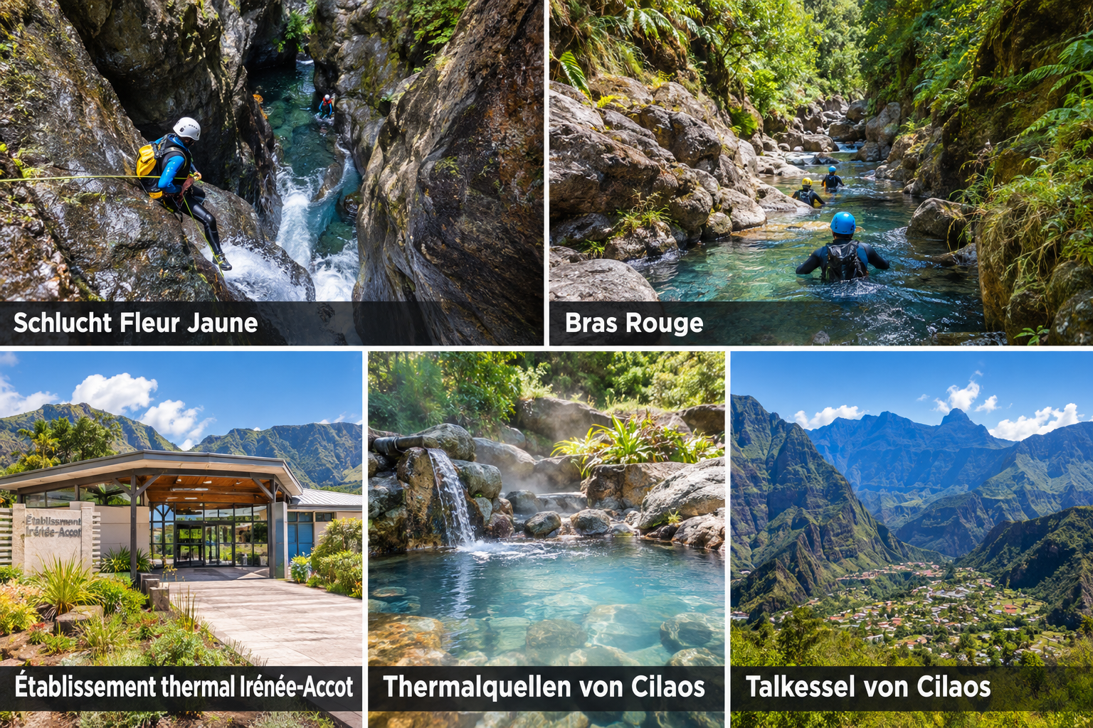Bildcollage: Canyoning und Thermalwellness in Cilaos