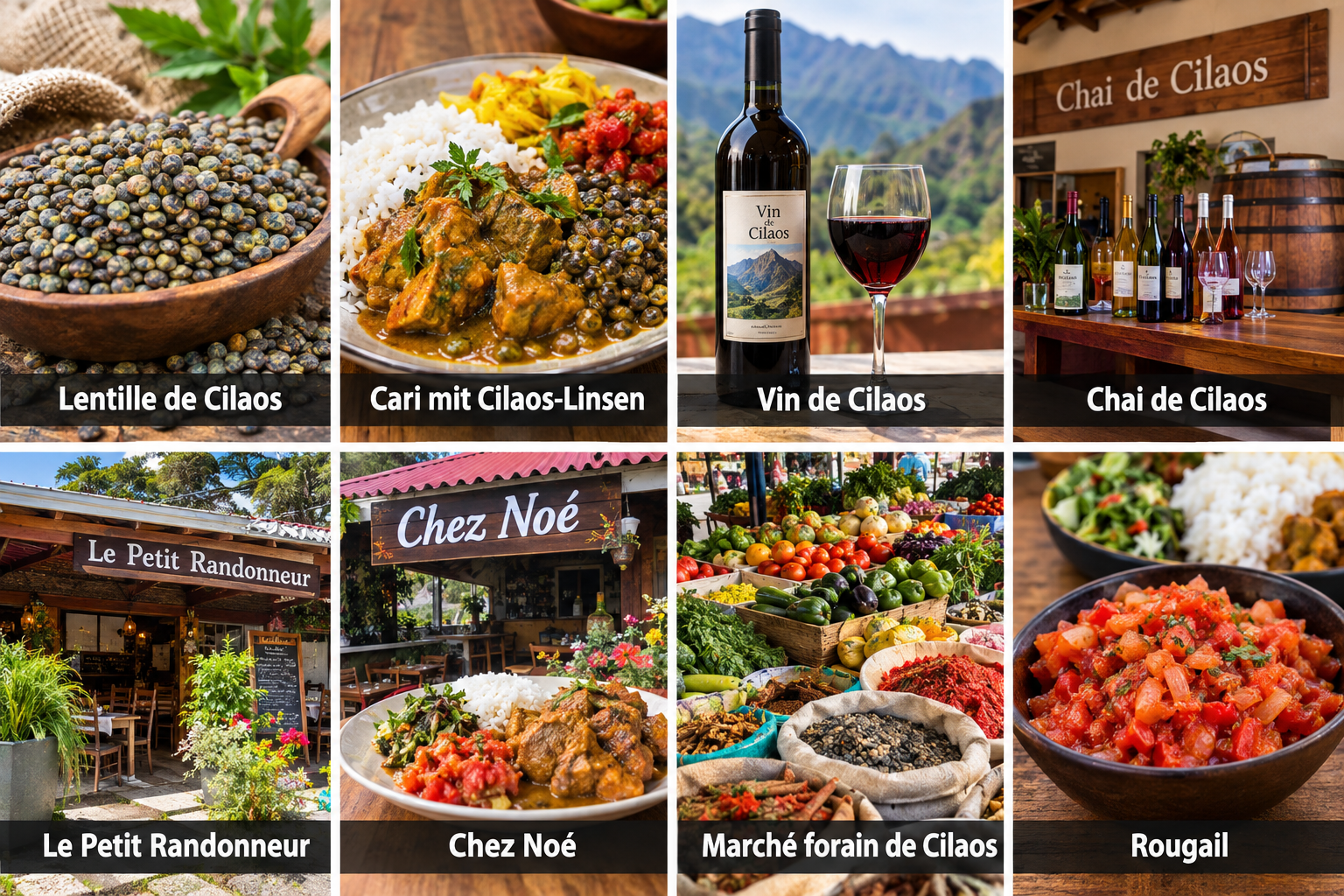 Bildcollage: Linsen, Wein und kreolische Küche in Cilaos