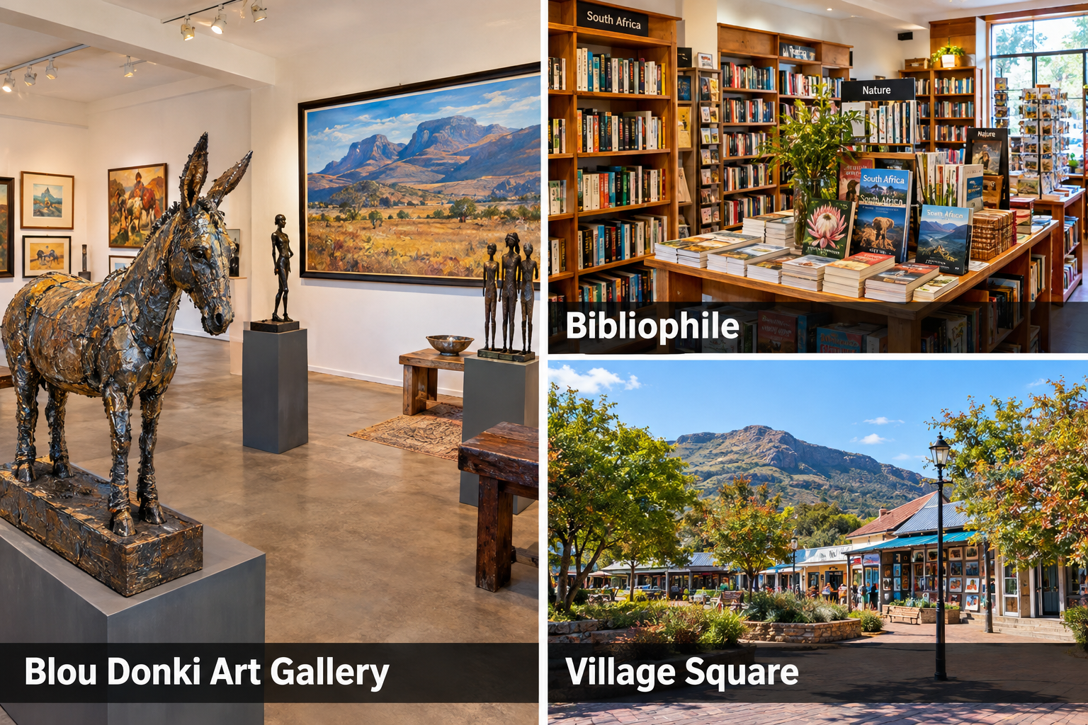Bildcollage: Galerien, Einkaufen und lokale Produkte in Clarens