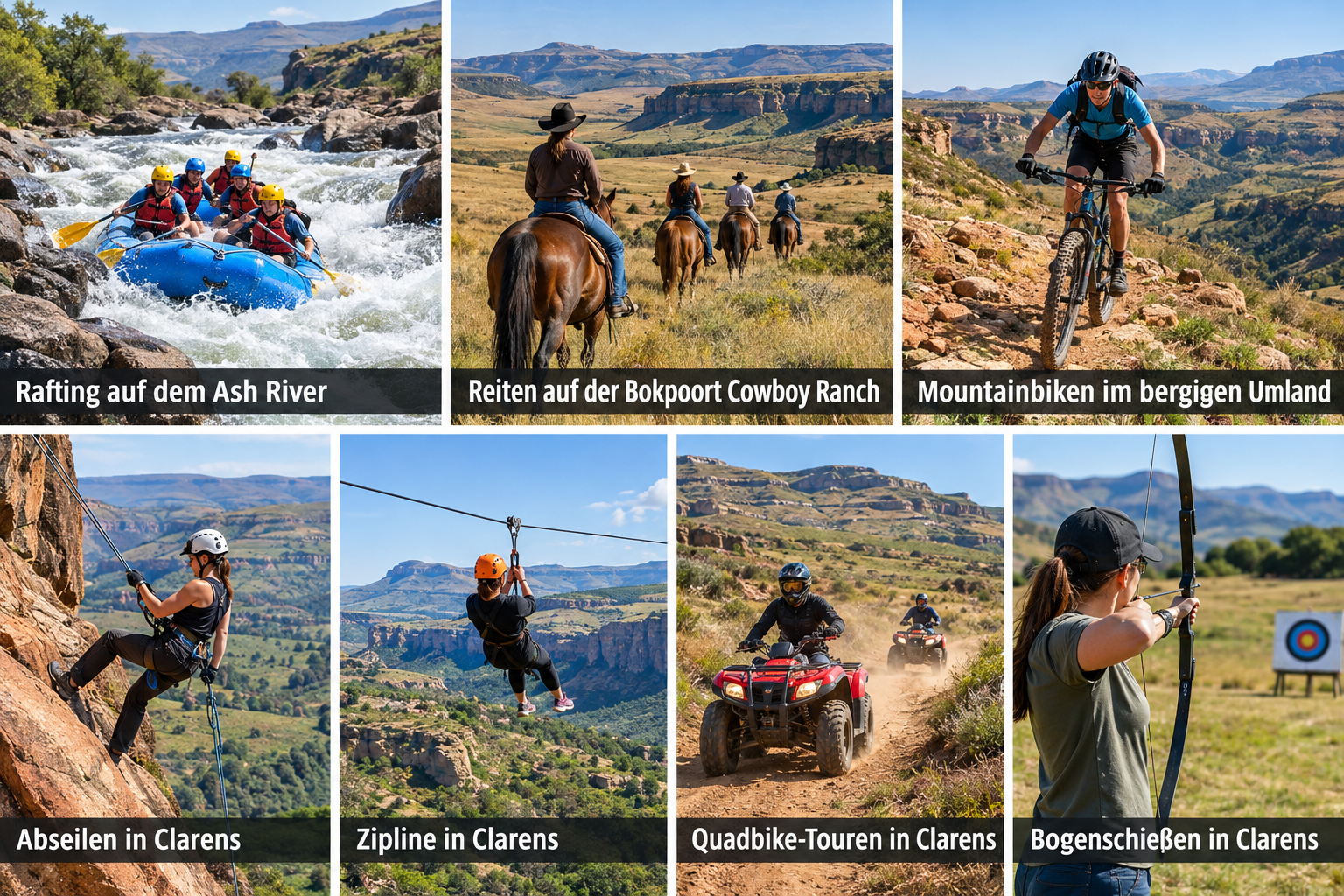 Bildcollage: Outdooraktivitäten und besondere Erlebnisse in Clarens