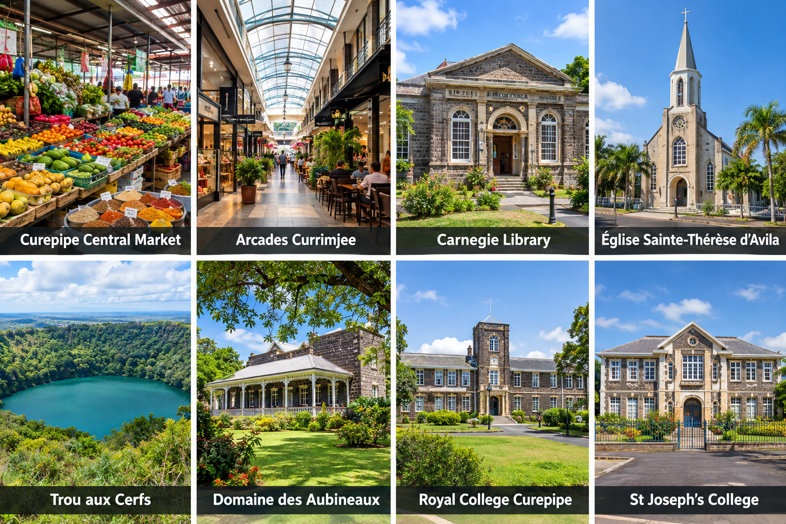 Bildcollage: Stadtzentrum, Markt und Einkaufen in Curepipe