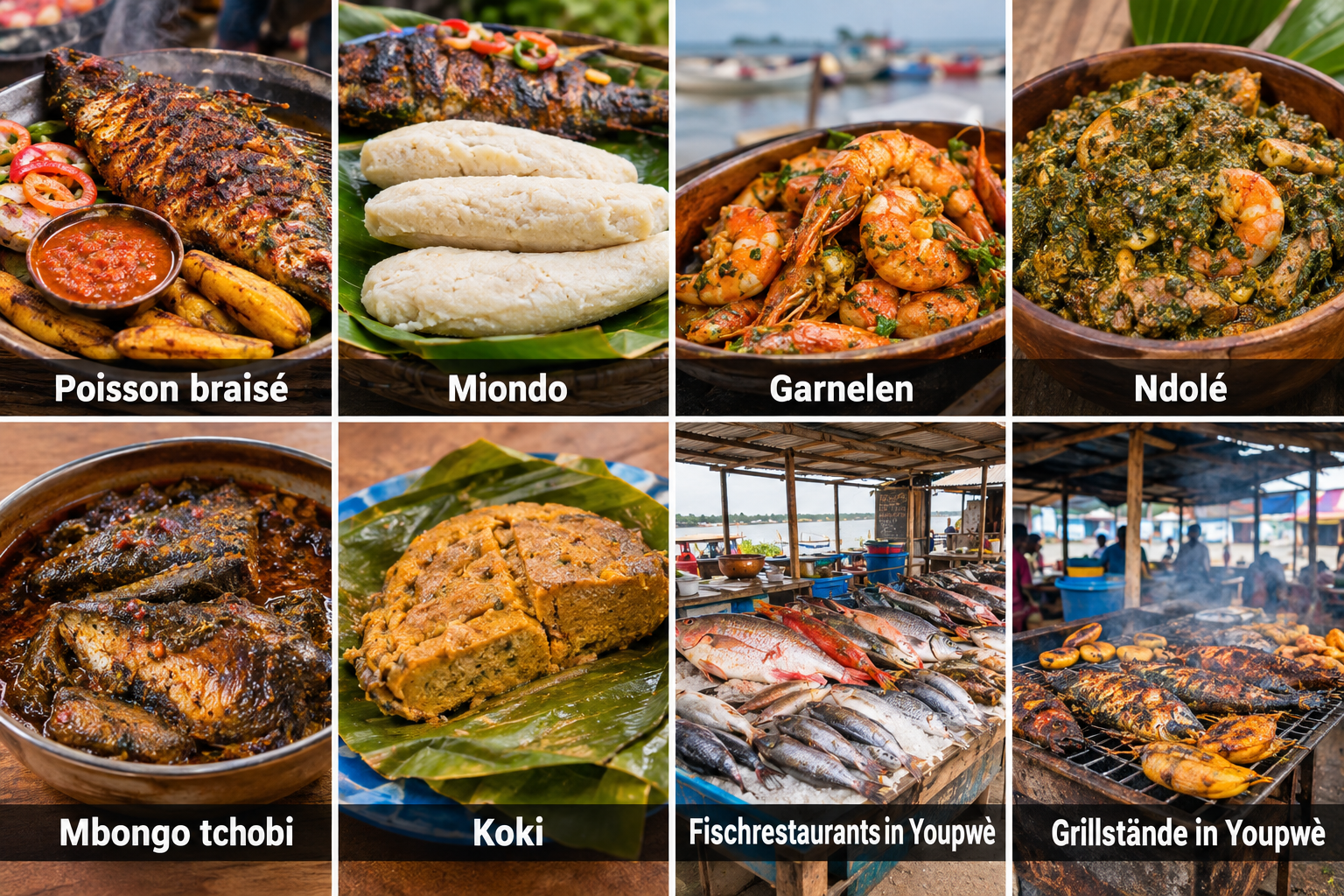 Bildcollage: Essen in Douala: Fisch, Ndolé und Sawa-Küche