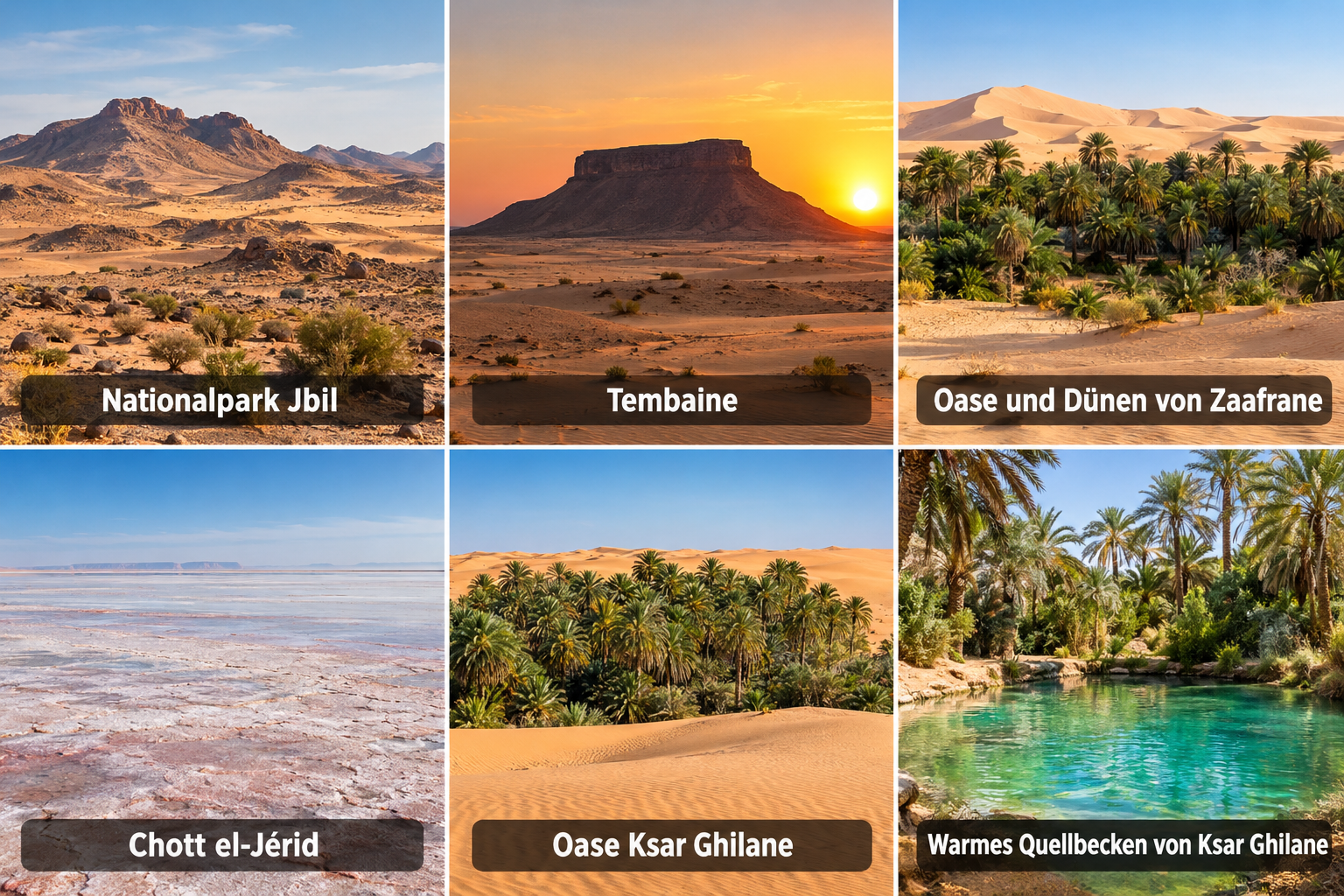 Bildcollage: Ausflüge von Douz in die tunesische Sahara