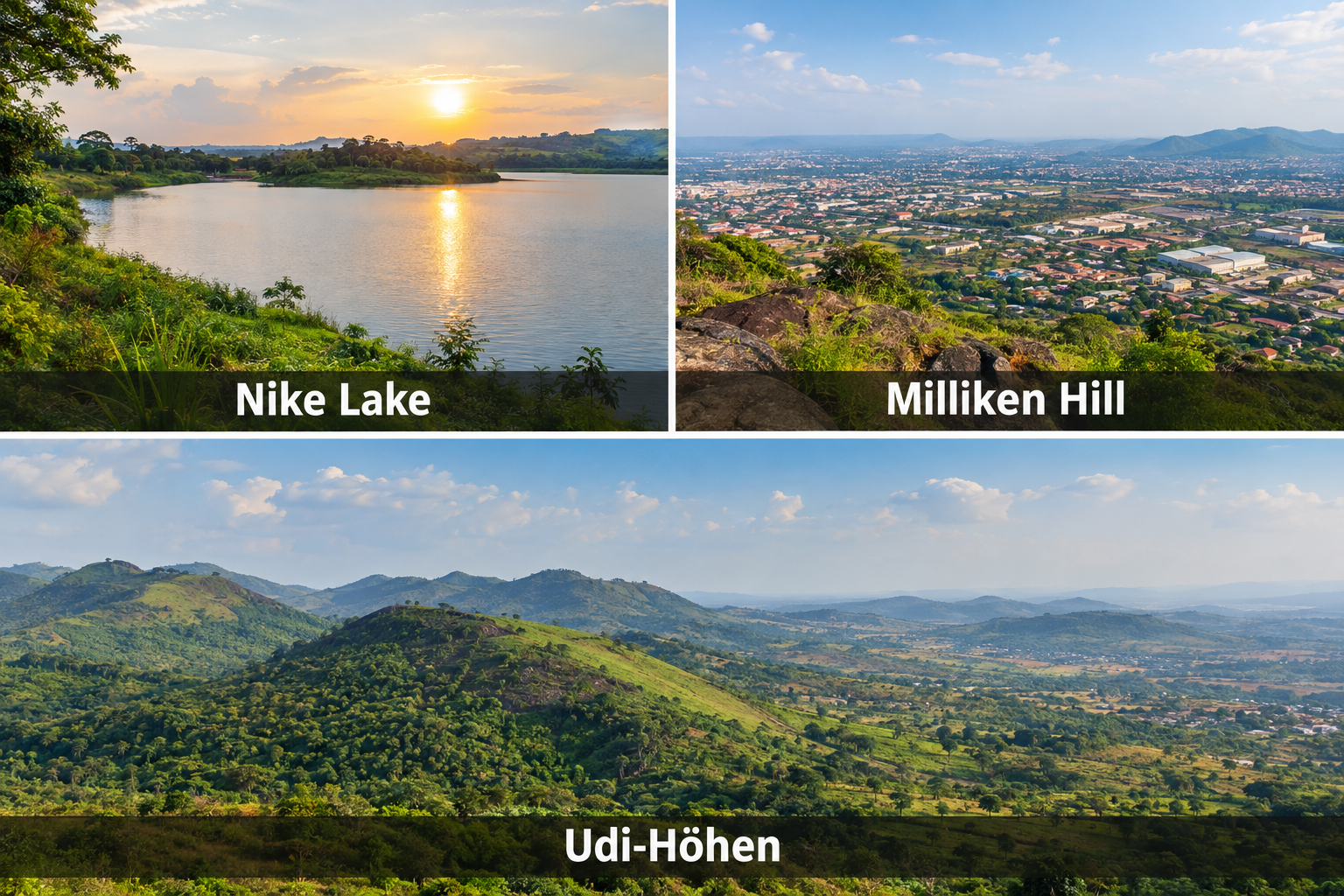 Bildcollage: Natur, Aussichtspunkte und Landschaften in Enugu
