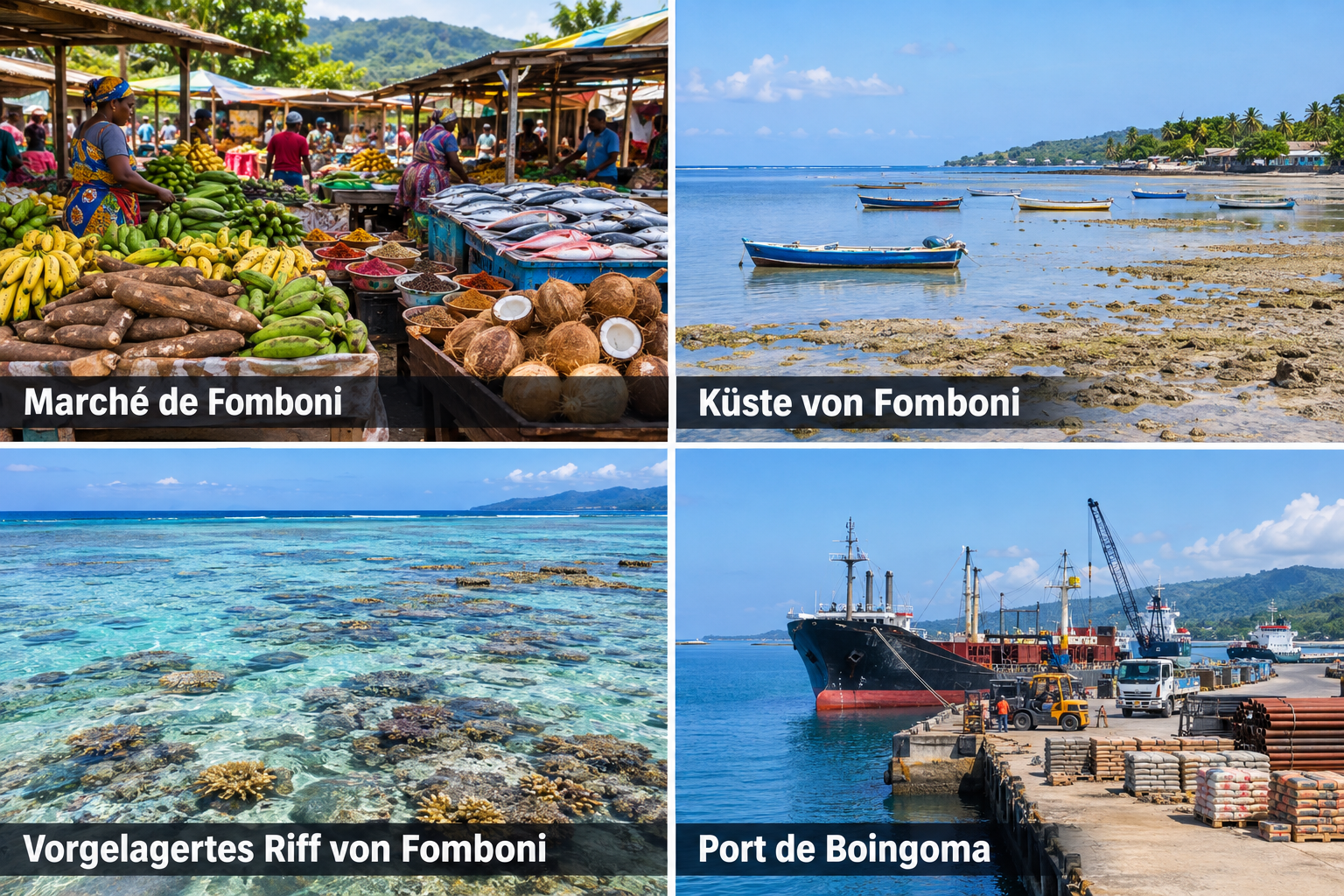 Bildcollage: Sehenswürdigkeiten in Fomboni: Markt, Küste und Inselalltag