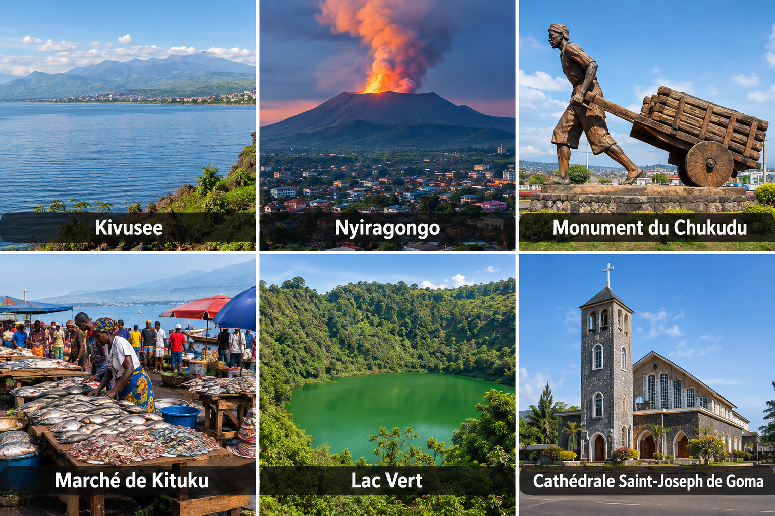 Bildcollage: Die wichtigsten Sehenswürdigkeiten und Stadtbilder in Goma