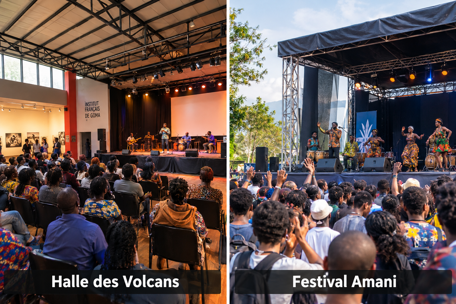 Bildcollage: Kultur, Musik und kreative Stadtgesellschaft in Goma