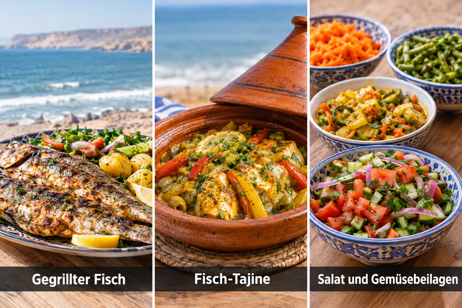 Bildcollage: Essen und Küstenalltag in Imsouane