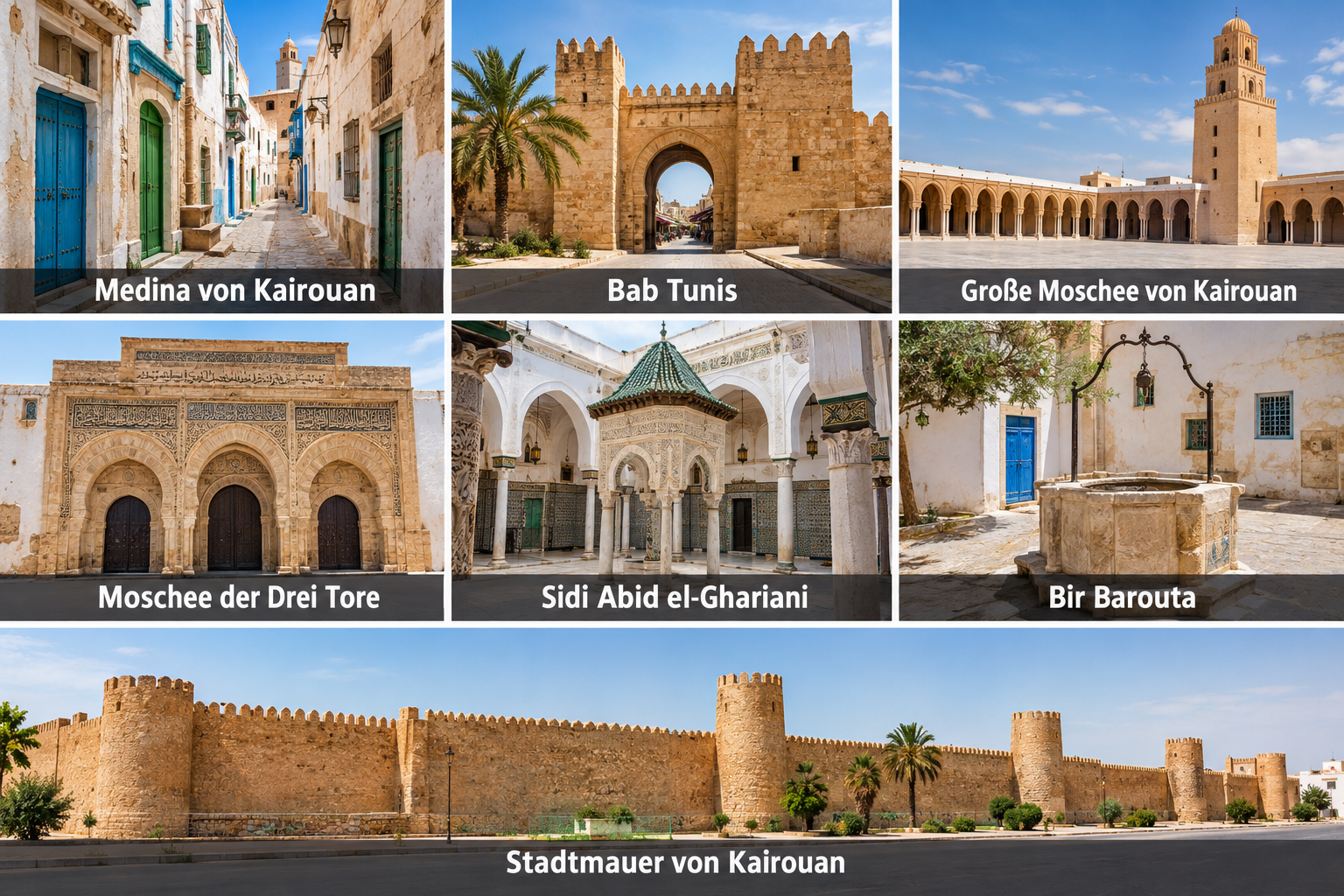 Bildcollage: Aktivitäten und besondere Erlebnisse in Kairouan