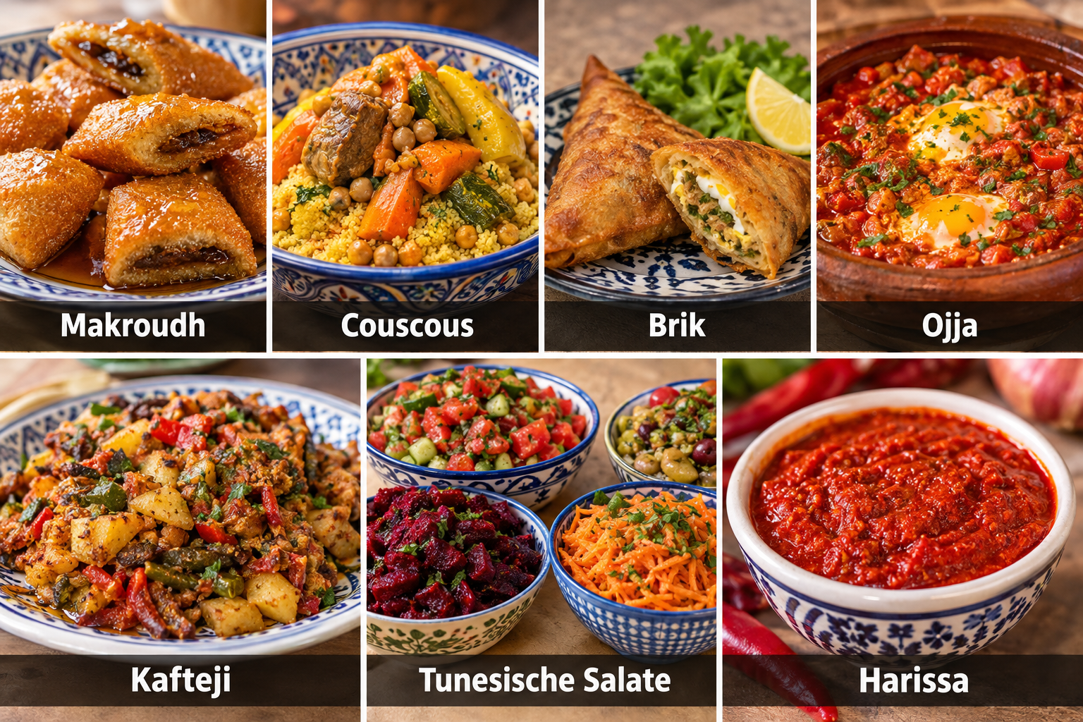 Bildcollage: Essen und Spezialitäten in Kairouan