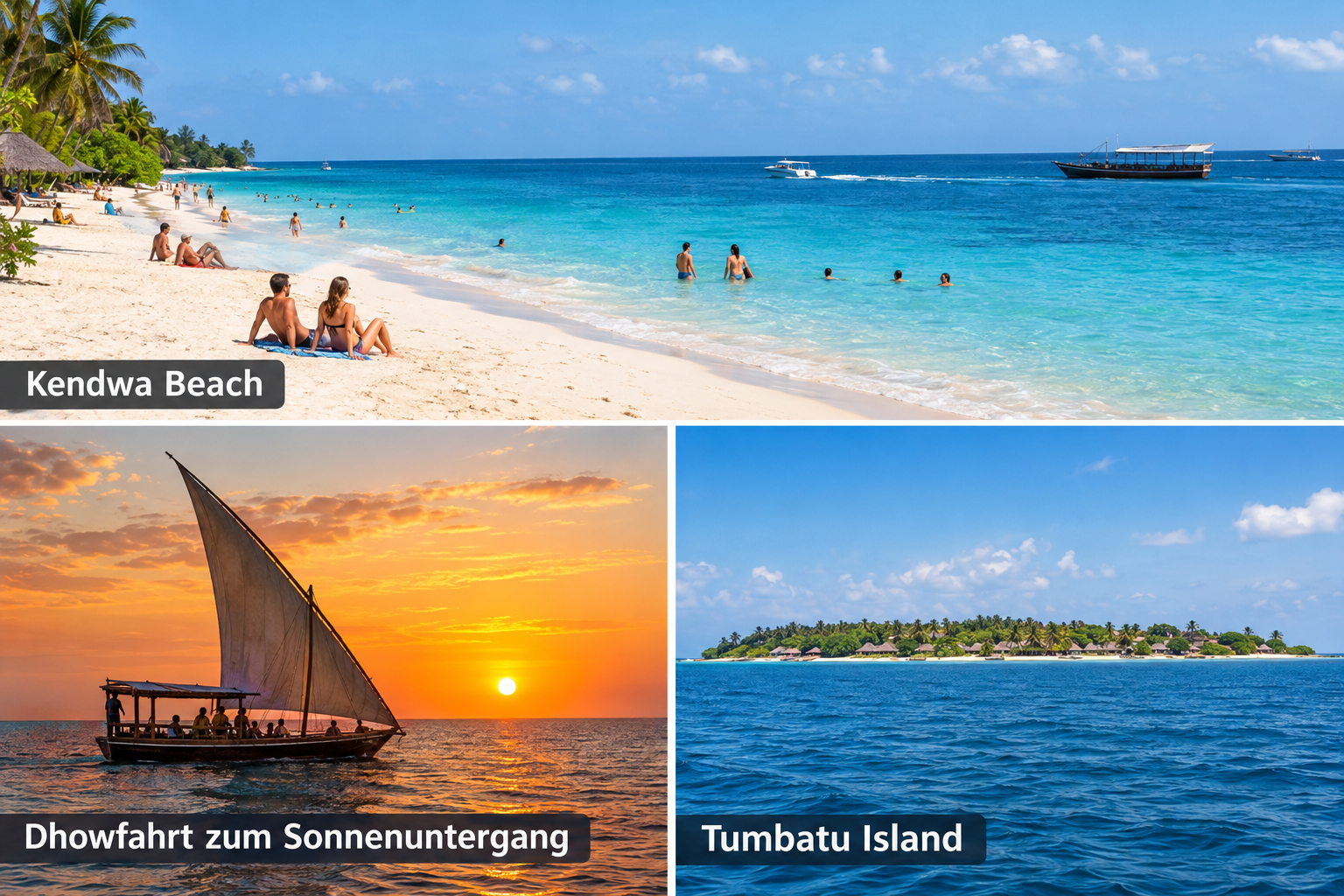 Bildcollage: Baden, Schnorcheln und Bootstouren in Kendwa