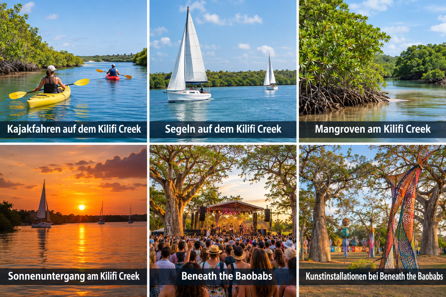 Bildcollage: Aktivitäten und besondere Erlebnisse in Kilifi