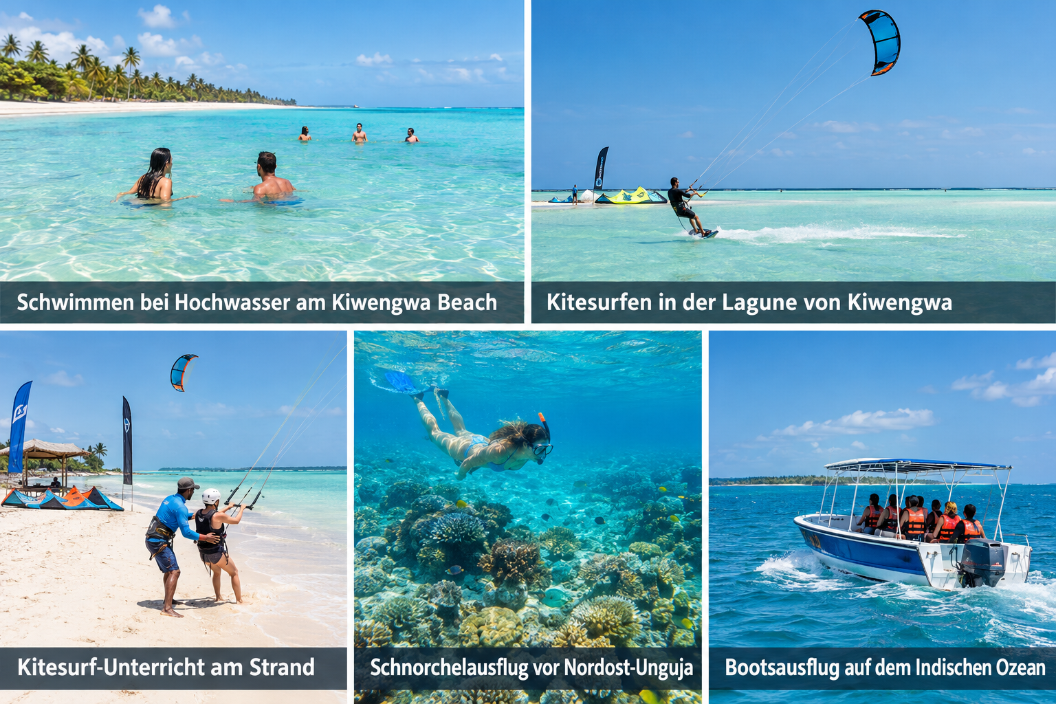 Bildcollage: Strandaktivitäten und Wassersport in Kiwengwa