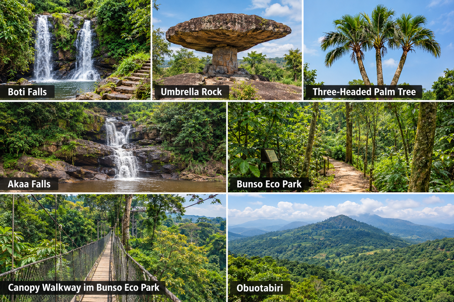 Bildcollage: Naturziele und Wanderungen rund um Koforidua