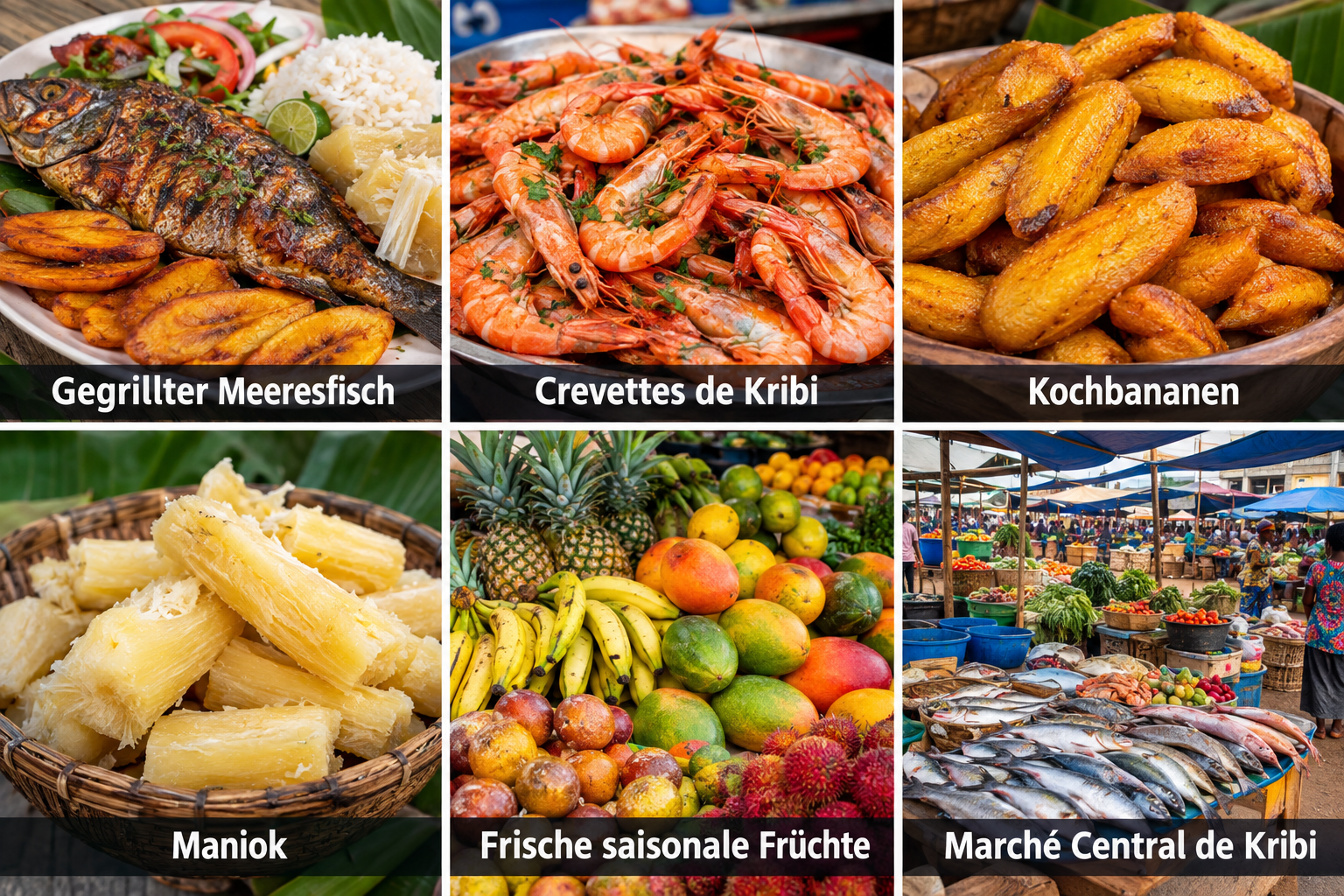 Bildcollage: Fischerei, Märkte und lokale Küche in Kribi