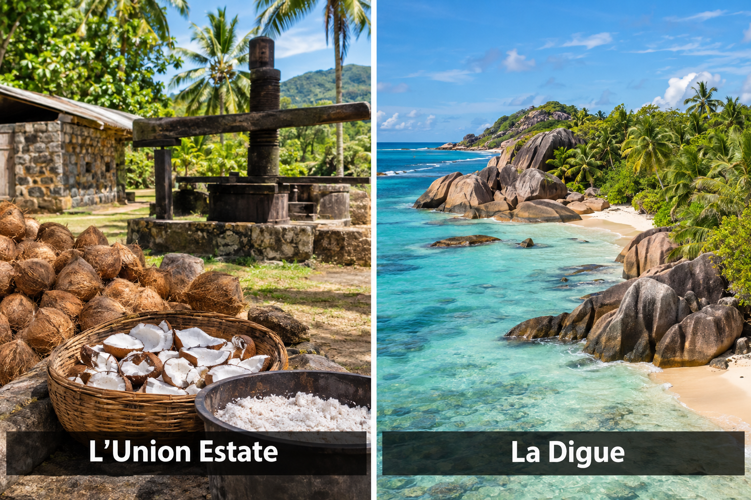 Bildcollage: Kultur und Geschichte von La Passe und La Digue