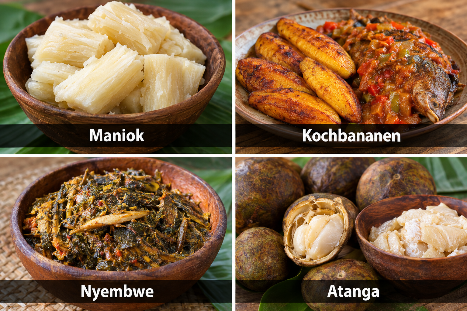 Bildcollage: Essen und lokale Spezialitäten in Lambaréné