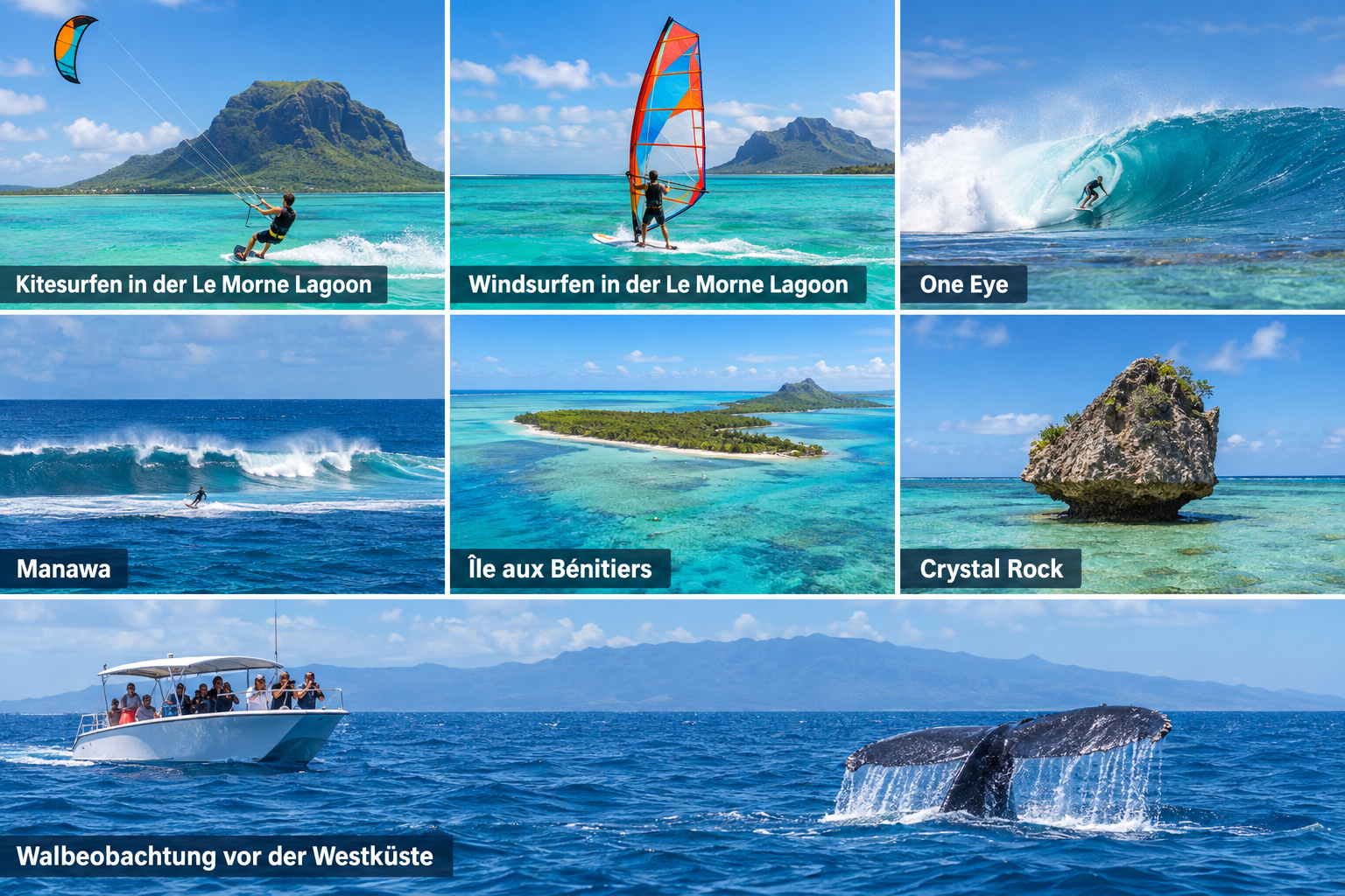 Bildcollage: Wassersport und Bootsausflüge in Le Morne