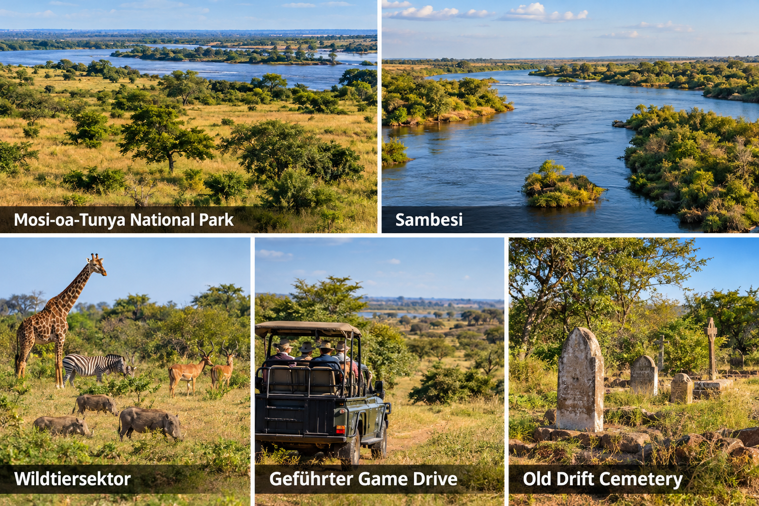 Bildcollage: Natur und Tierbeobachtung im Mosi-oa-Tunya National Park in Livingstone