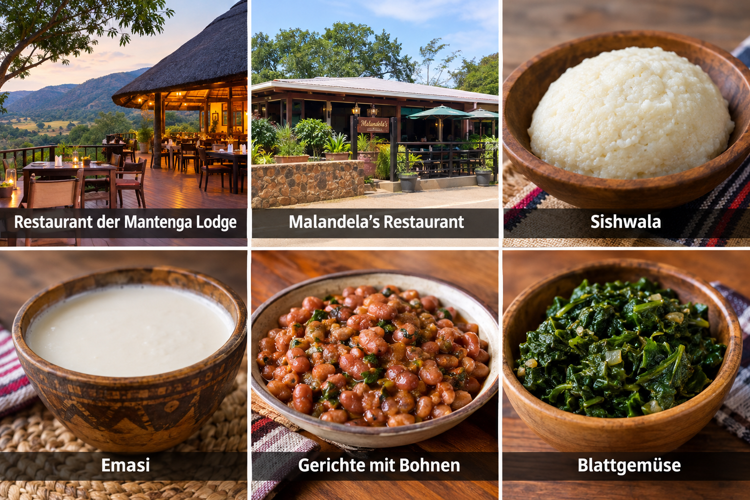 Bildcollage: Einkaufen, Kunsthandwerk und Gastronomie in Lobamba