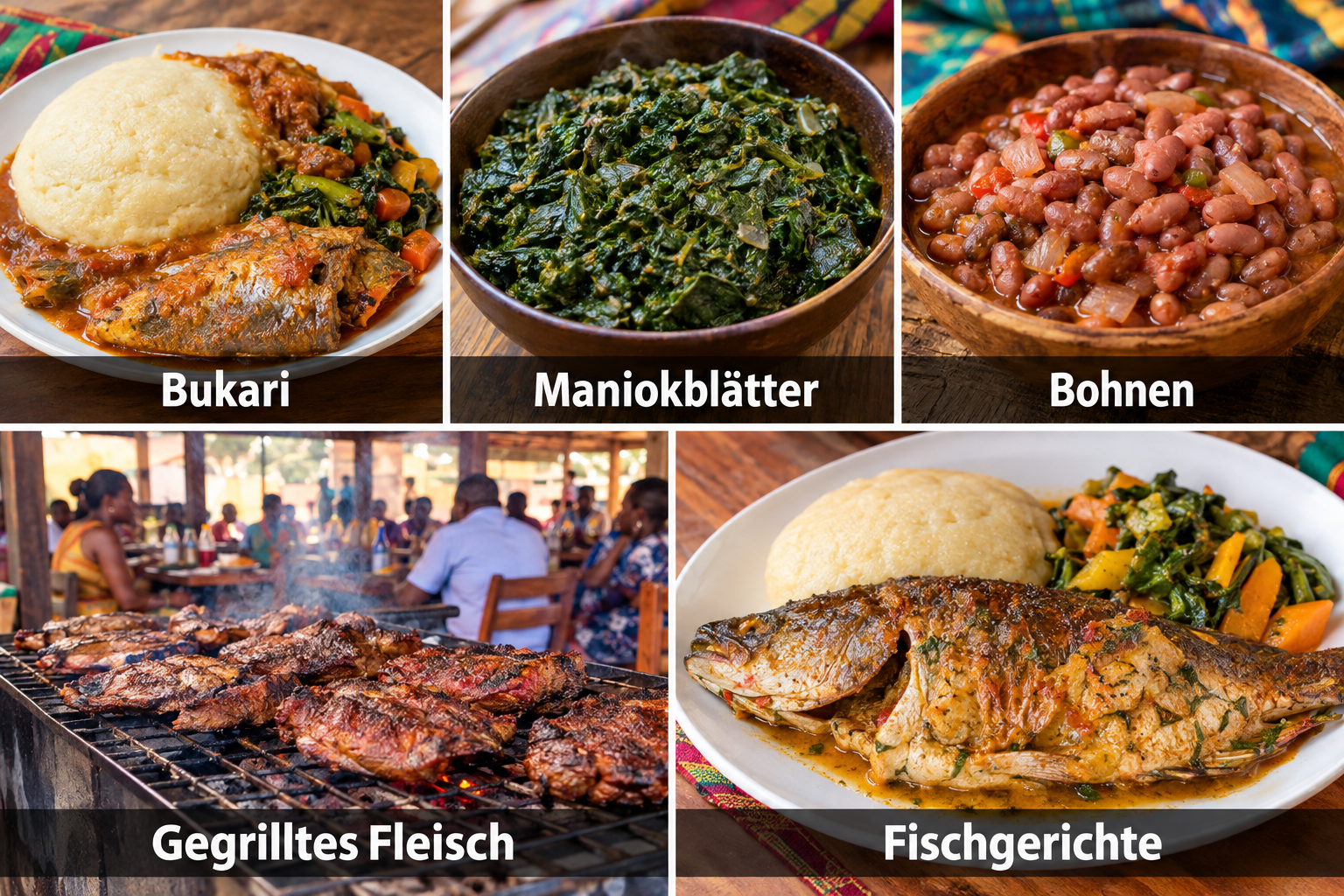 Bildcollage: Essen und regionale Spezialitäten in Lubumbashi