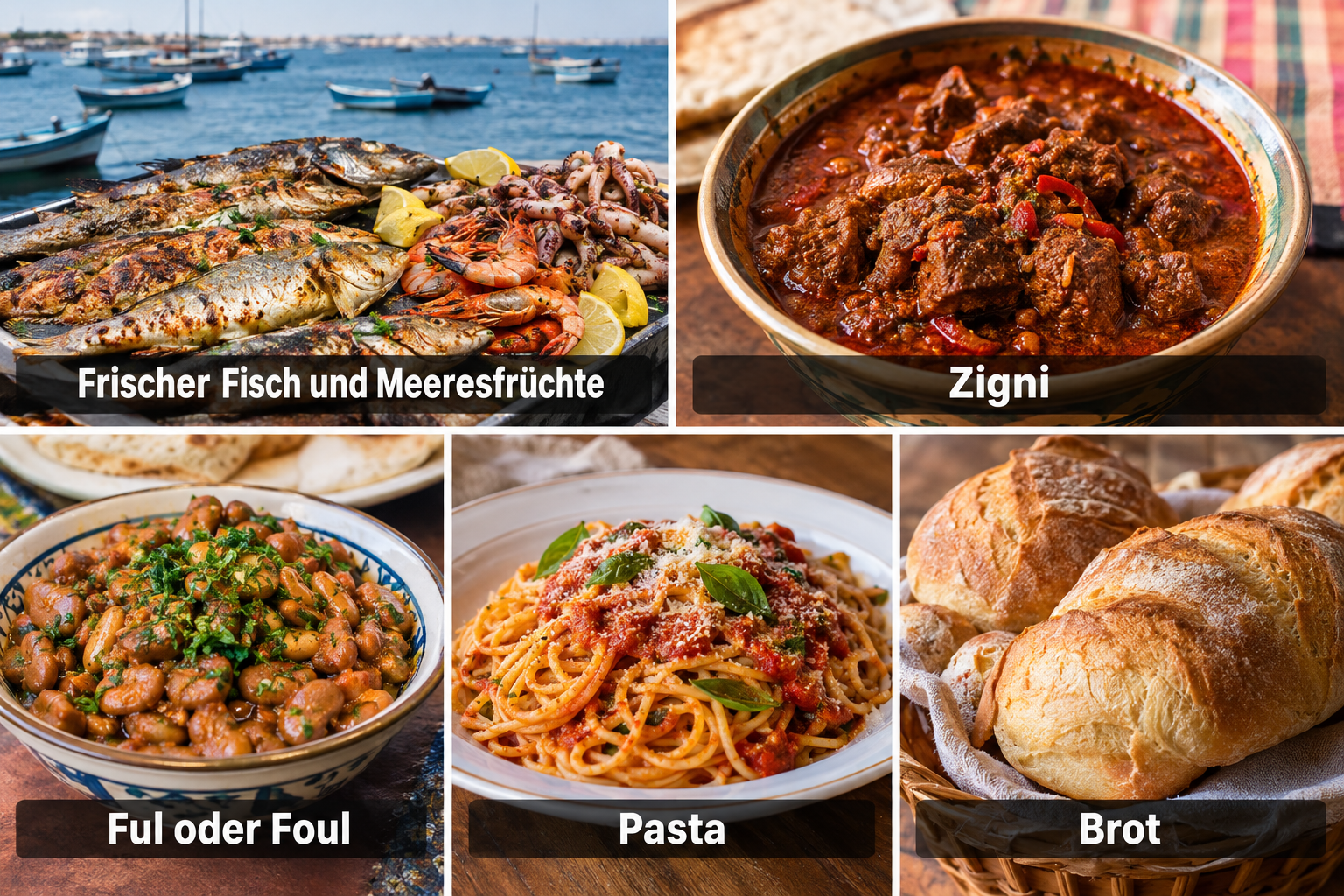 Bildcollage: Essen und kulinarischer Alltag in Massawa