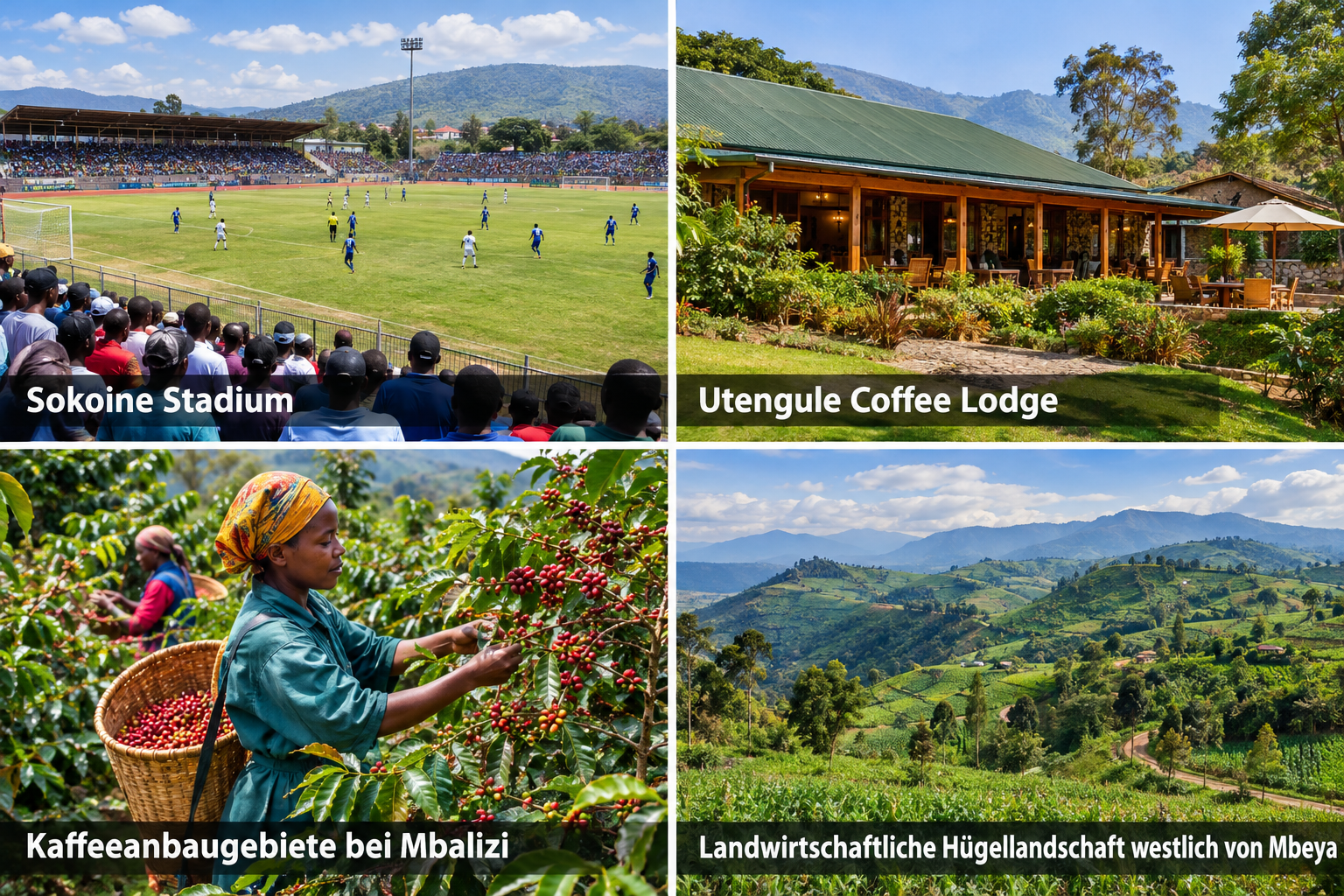 Bildcollage: Stadtleben, Fußball und besondere Erlebnisse in Mbeya